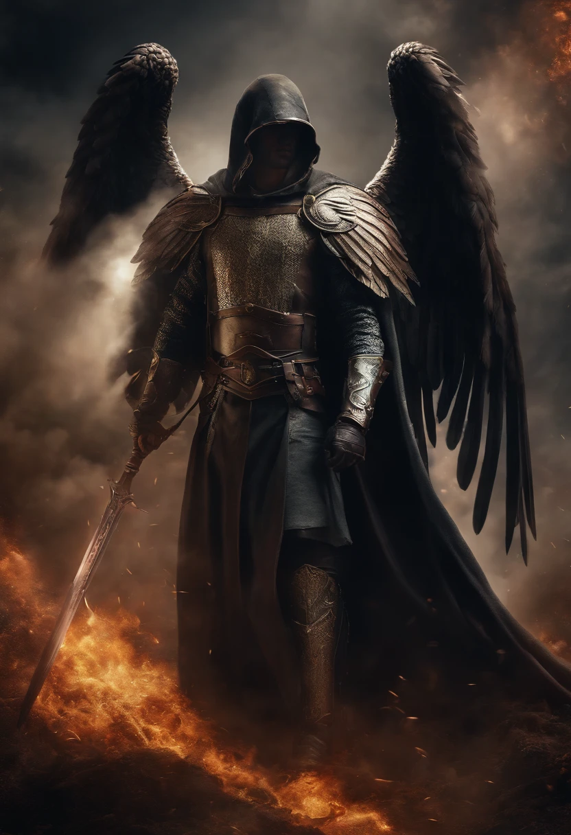 realista, 4k, An angel with big wings, una espada, una capucha sobre su cabeza en la imagen de fondo de una guerra (caos)