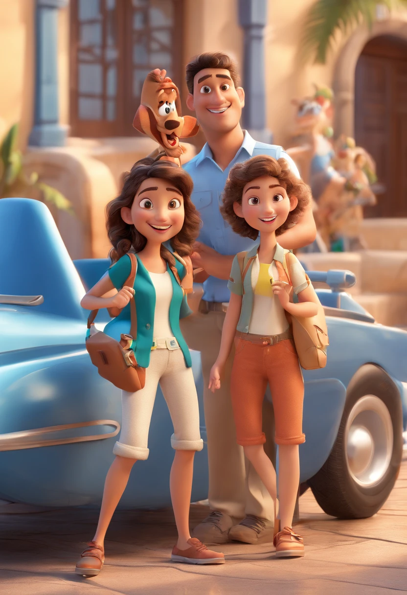 Cartoon of fellow friends having fun on vacation together, 3D Animation Movie Poster, Animated Movie Poster, pixar 3 d animation style, pixar renderman rendering, Maia 8 mil, animated film, Disney Pixar Estilo 3D, amigos felizes saem juntos, all wearing light blue shirts and cream brown long pants, Camisa azul clara, cream brown pants, ao ar livre, vacation, Disney Pixar Animation Poster