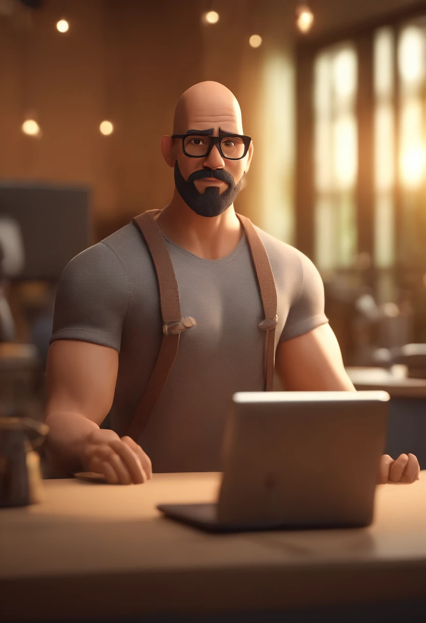 Cartoon character of a man with a shaved head and big beard vin diesel style black glasses and floral t-shirt, working in a computer office. animation character, stylized character, animation style rendering, 3D stylized, Arnold Maya rendering, 3D stylized rendering, toon rendering keyshot, 3D character, 3D character, stylized 3D rendering, 3D character rendering, cartoon character animated animation, character in close-up, character pose, (Pixar Style) (Masterpiece: 1.2) (Bokeh) (Best Quality) (Detailed Skin) (Detailed Texture) (8k) (Clay) (Bright Lighting) ( Sharp focus)