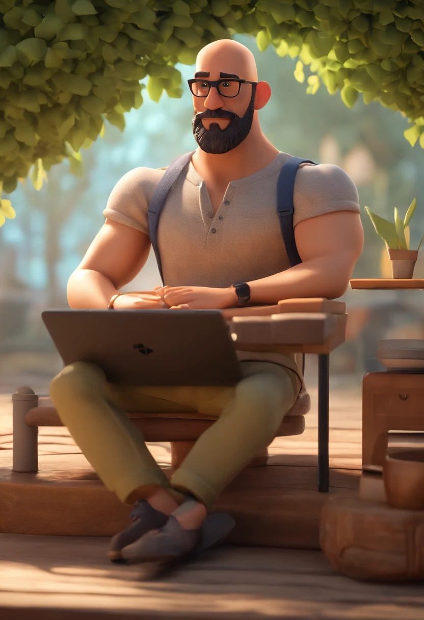 Cartoon character of a man with a shaved head and big beard vin diesel style black glasses and floral t-shirt, working in a computer office. animation character, stylized character, animation style rendering, 3D stylized, Arnold Maya rendering, 3D stylized rendering, toon rendering keyshot, 3D character, 3D character, stylized 3D rendering, 3D character rendering, cartoon character animated animation, character in close-up, character pose, (Pixar Style) (Masterpiece: 1.2) (Bokeh) (Best Quality) (Detailed Skin) (Detailed Texture) (8k) (Clay) (Bright Lighting) ( Sharp focus)