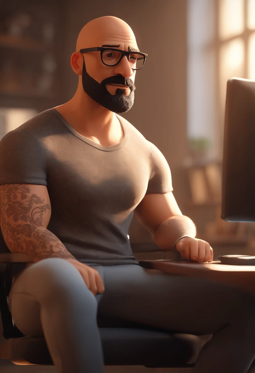 Cartoon character of a man with a shaved head and big beard vin diesel style black glasses and floral t-shirt, working in a computer office. animation character, stylized character, animation style rendering, 3D stylized, Arnold Maya rendering, 3D stylized rendering, toon rendering keyshot, 3D character, 3D character, stylized 3D rendering, 3D character rendering, cartoon character animated animation, character in close-up, character pose, (Pixar Style) (Masterpiece: 1.2) (Bokeh) (Best Quality) (Detailed Skin) (Detailed Texture) (8k) (Clay) (Bright Lighting) ( Sharp focus)