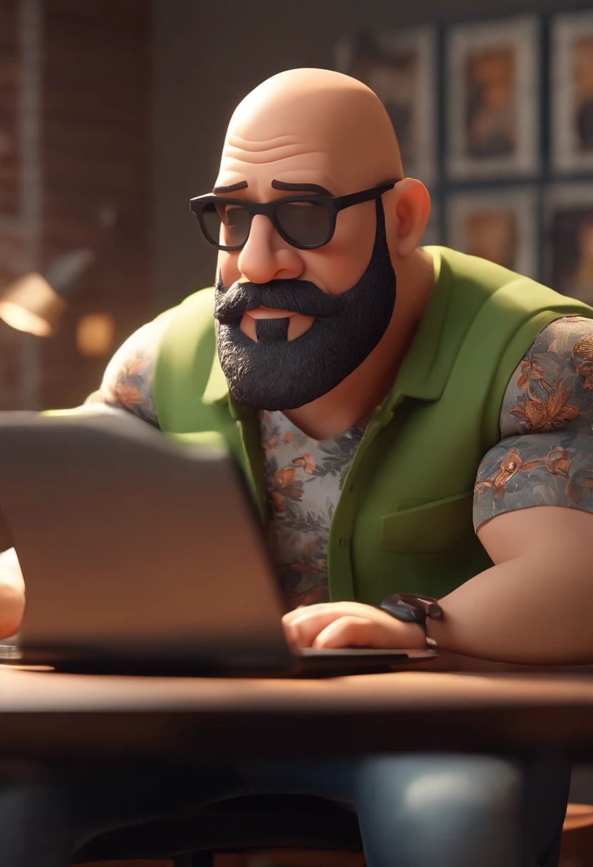 Cartoon character of a man with a shaved head and big beard vin diesel style black glasses and floral t-shirt, working in a computer office. animation character, stylized character, animation style rendering, 3D stylized, Arnold Maya rendering, 3D stylized rendering, toon rendering keyshot, 3D character, 3D character, stylized 3D rendering, 3D character rendering, cartoon character animated animation, character in close-up, character pose, (Pixar Style) (Masterpiece: 1.2) (Bokeh) (Best Quality) (Detailed Skin) (Detailed Texture) (8k) (Clay) (Bright Lighting) ( Sharp focus)