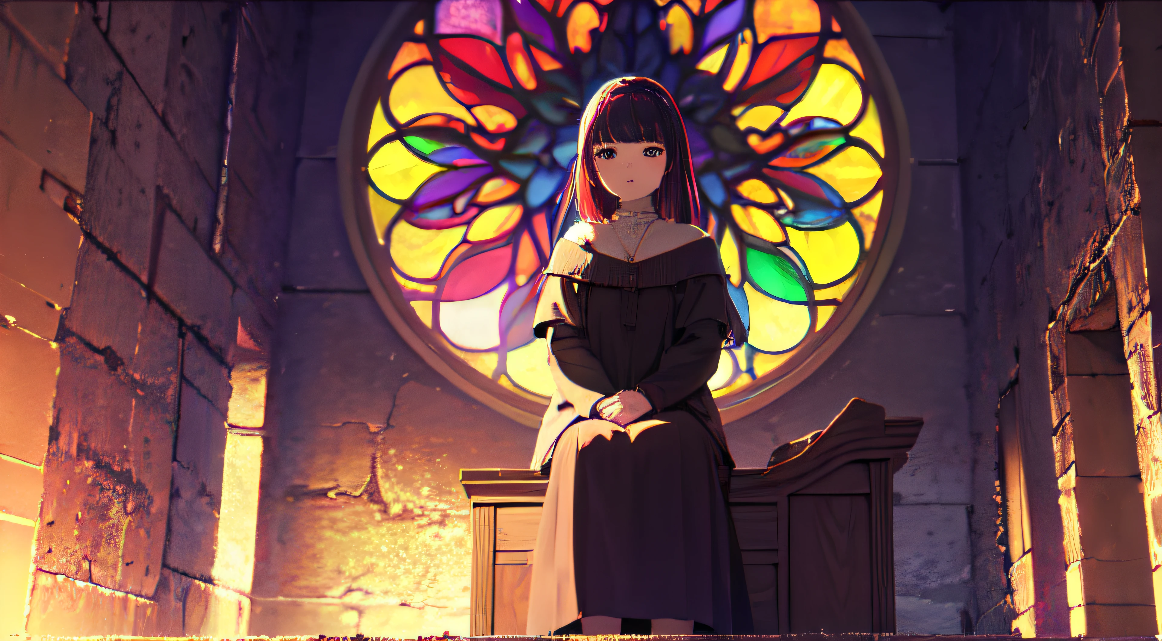 Sitting on a catedral, Multicolored stained glass on the background, beatiful escene, canddles, 1girl, particles, 4k, HD