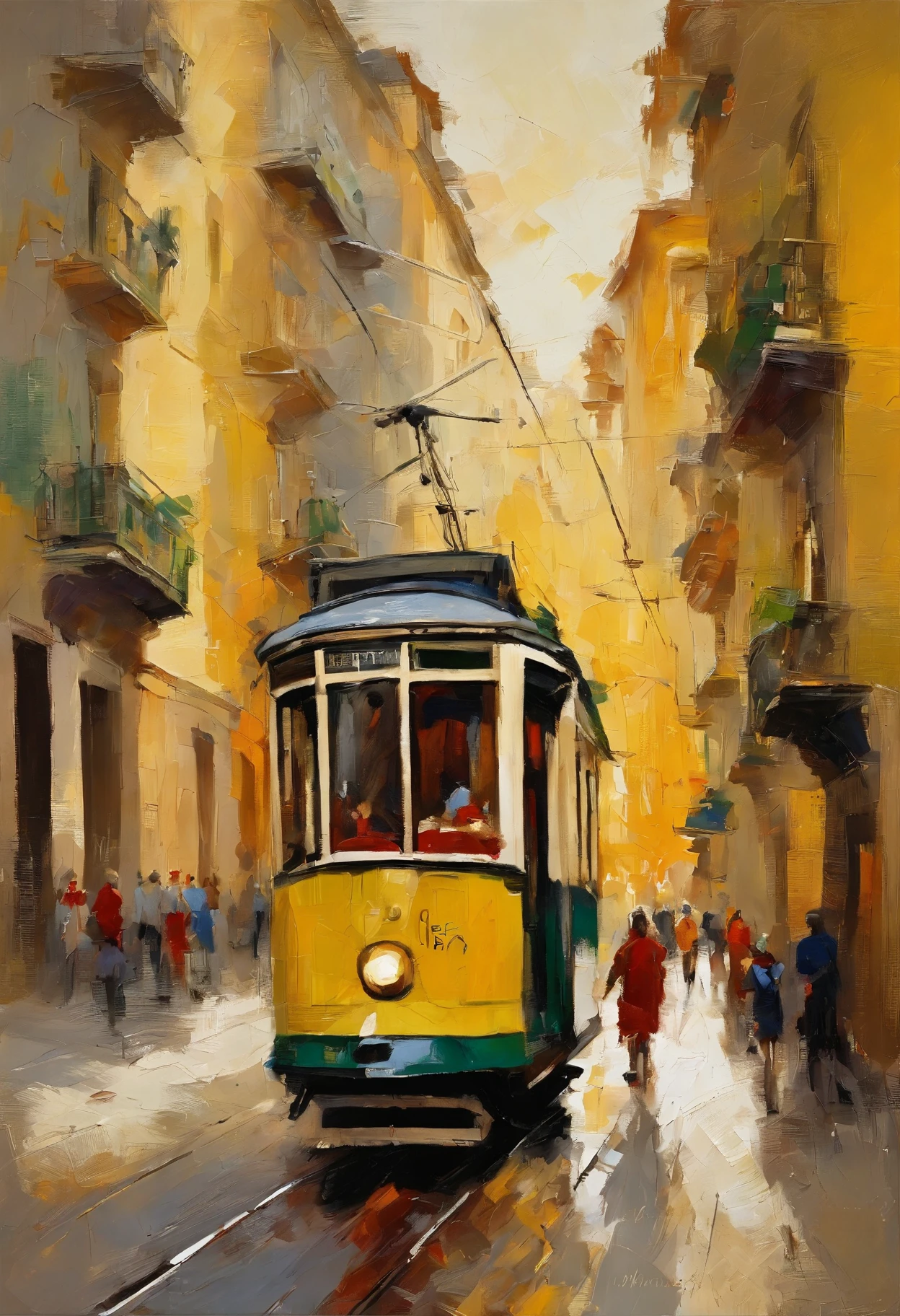 obra prima、qualidade superior、morning、passear。cachorrinho、desenhos requintados e detalhados, yellow tram in the city of Lisbon, ensolarado, rico, elegante, opulento, Abstrato da rua de Lisboa, com luz brilhante、felicidade、Cool morning sun、(spark:0.7) 、passear、Paisagens