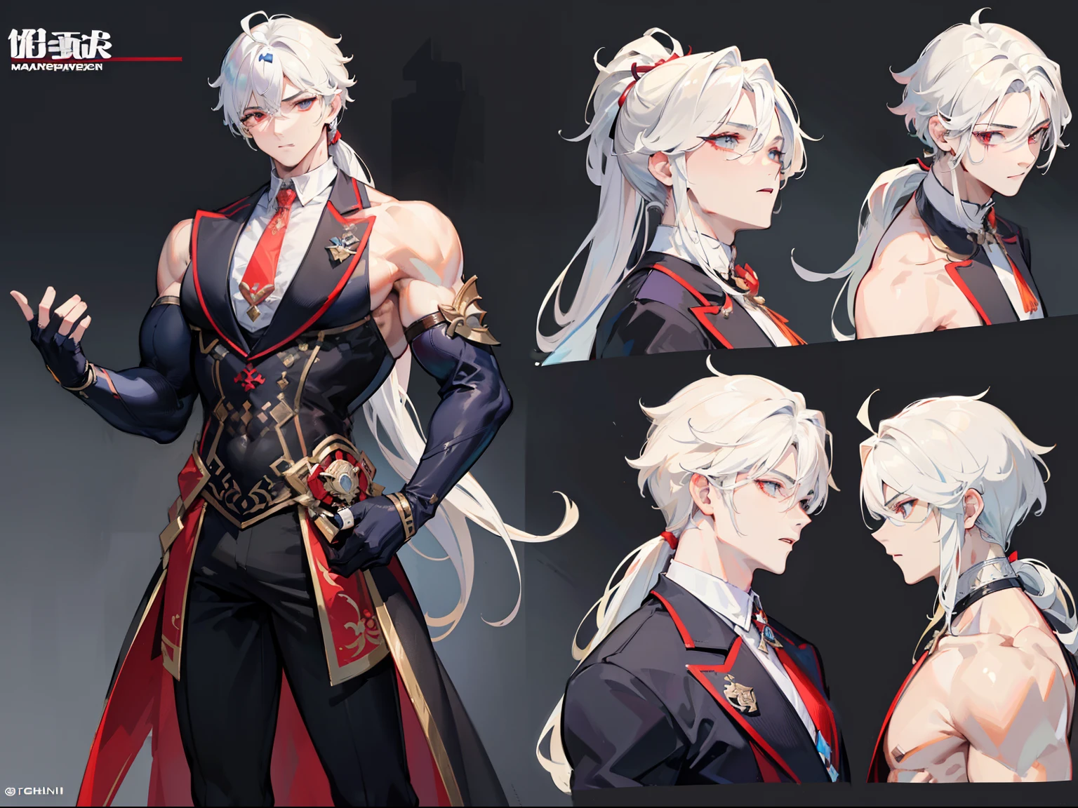 ((Masterpiece, Highest quality)), Male, boy, Detailed face, character design sheet, full bodyesbian, Full of details, frontal body view, back body view, Highly detailed, Depth, Many parts, Muscle boy with ponytail long white hair,handsome man, muscle body, vampire outfit clothes, Genshin Impact, man tall, pectoral muscles, abs