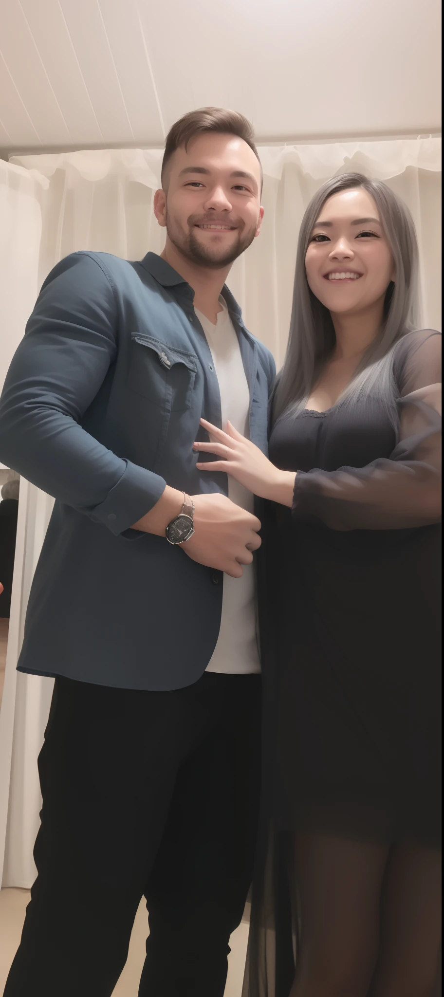 They are posing for a photo in a room with a curtain, imagem de perfil, 🤬 🤮 💕 🎀, foto do perfil, Fotografia tirada em 2 0 2 0, imagem de qualidade muito baixa, Lovely couple, Noite!, 😭 🤮 💕 🎀, album photo, Postagem no Reddit, Upload de alta qualidade, Casal feliz, foto de perfil, Tyler Edlin e Natasha Tan