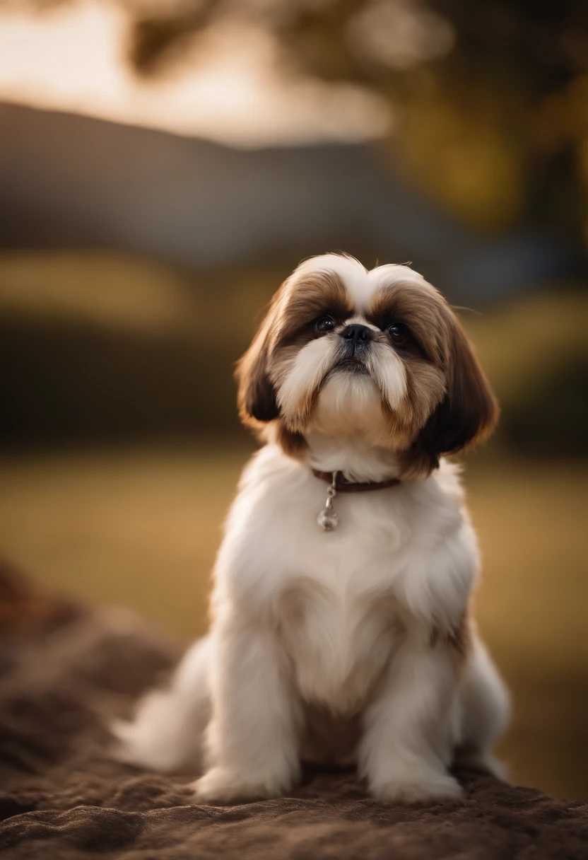 Sitting Shih-tzu dog looking at the sky of five months with all brown coat, bem pouquinho branco no peito com linguinha de fora com carinha feliz e mexendo o rabo