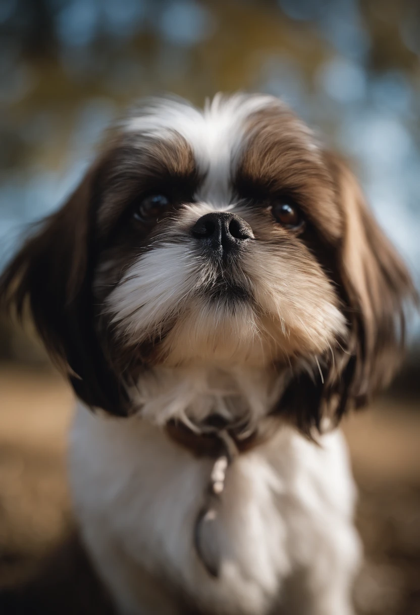 Sitting Shih-tzu dog looking at the sky of five months with all brown coat, bem pouquinho branco no peito com linguinha de fora com carinha feliz e mexendo o rabo
