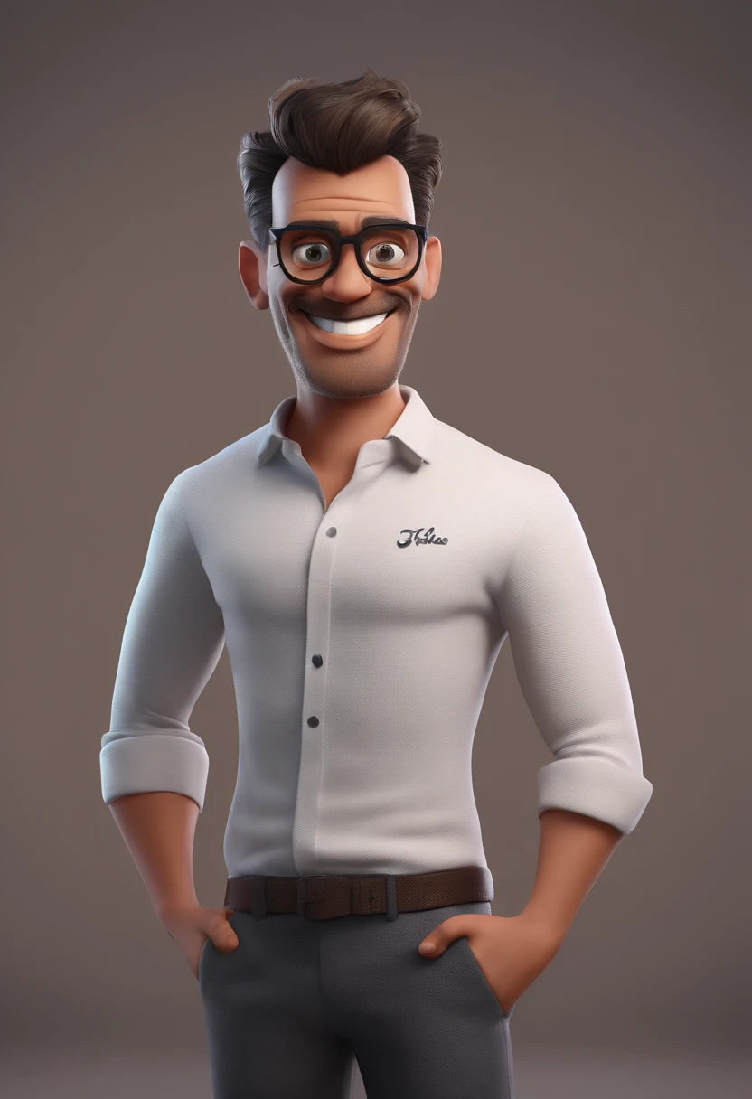 Cartoon character of a man with black glasses and a shirt written on it "TI Allcare", animation character, Caractere estilizado, animation style rendering, 3D estilizado, 3 d render stylized, toon render keyshot, Personagem 3D, Personagem 3D, 3d rendering stylized, 3 d character render, personagem de desenho animado, Personagem de close up, Pose de personagem, (Estilo Pixar) (melhor qualidade) (pele detalhada) (textura detalhada) (8k) (argila) (Cinematic lighting) (foco nítido)