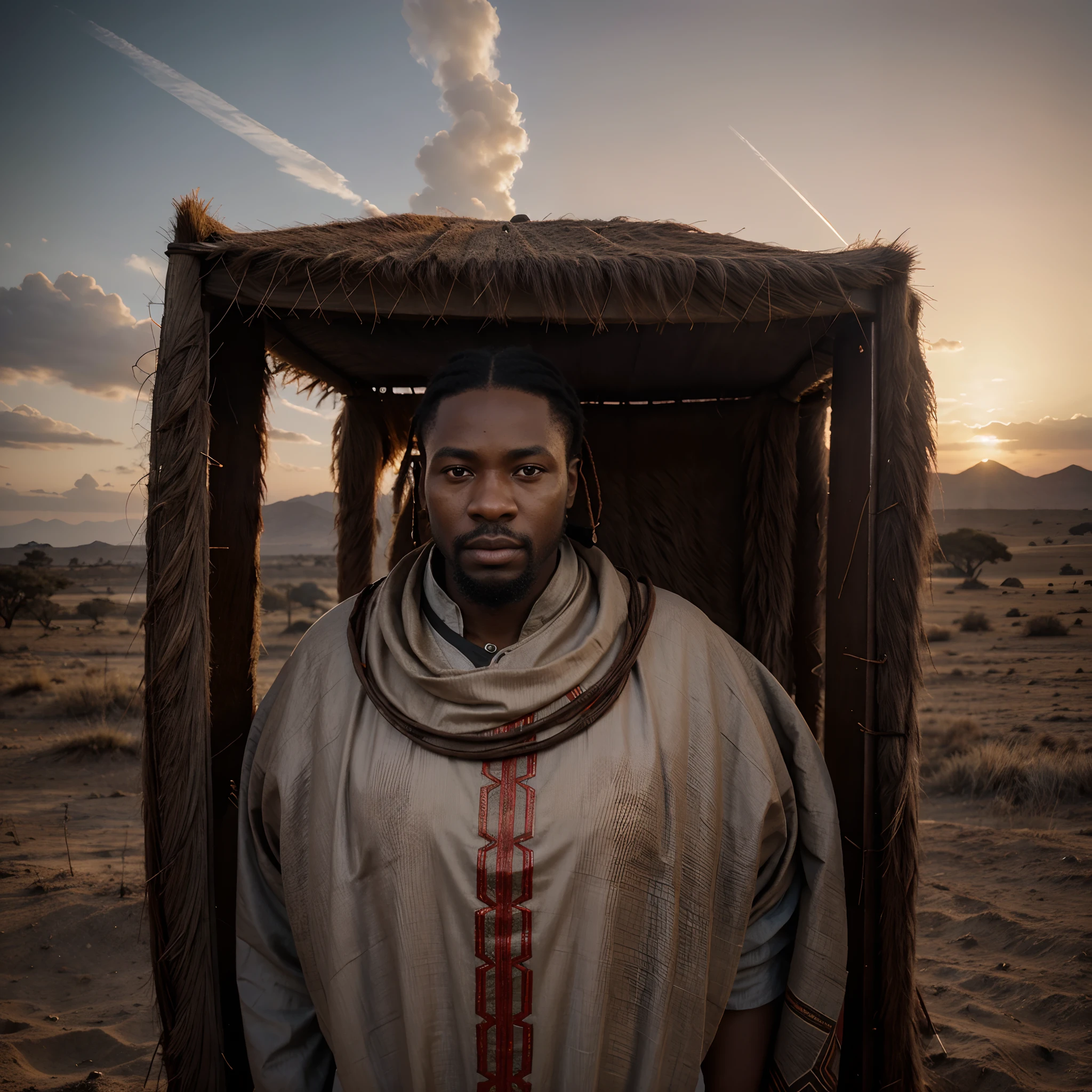 Back side view of  full body shot of african man dressed in ancient african clothes made of hides and fur, looking at the red sky with a face protruding, red sky in shape of a face, giving a grey and white colour grading in the scene, colour grading reminiscent of interstellar movie by Christopher Nolan, cinematic lighting, artgerm style, 32k, ultra HD, unreal engine rendered, hyper-realistic image,
