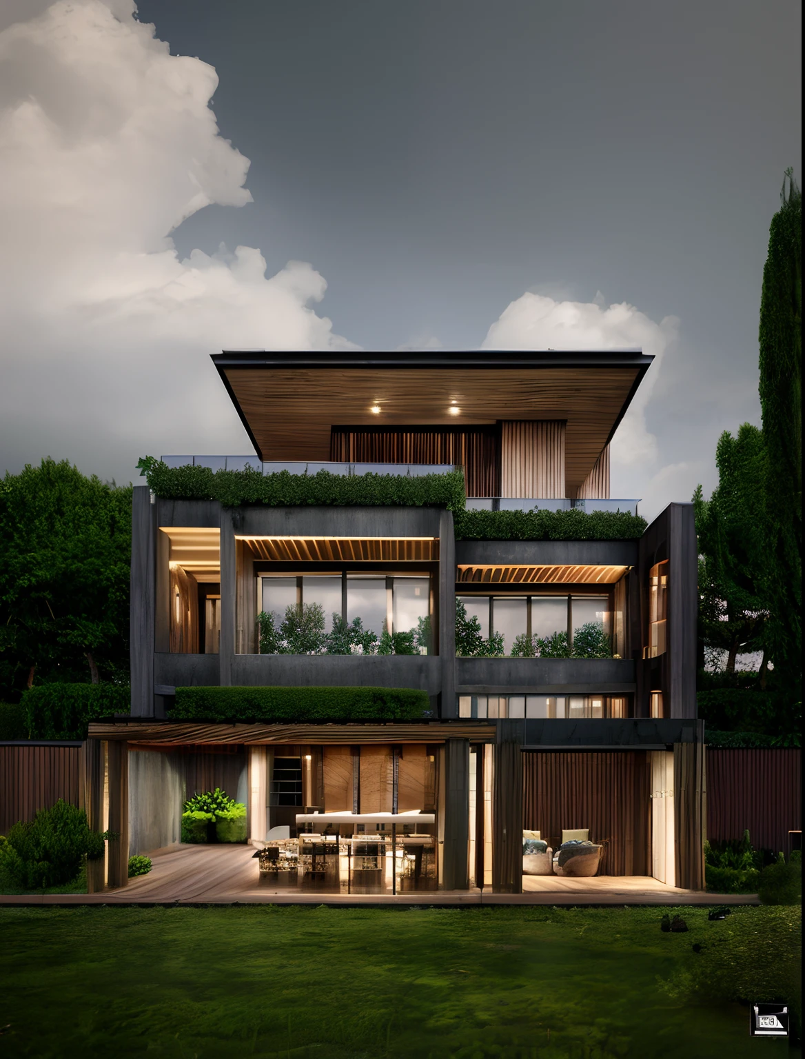 morden villa, concrete, wood, cloudy sky, trees plant, bright light, luxury, high quality, realistic photo, 3d render