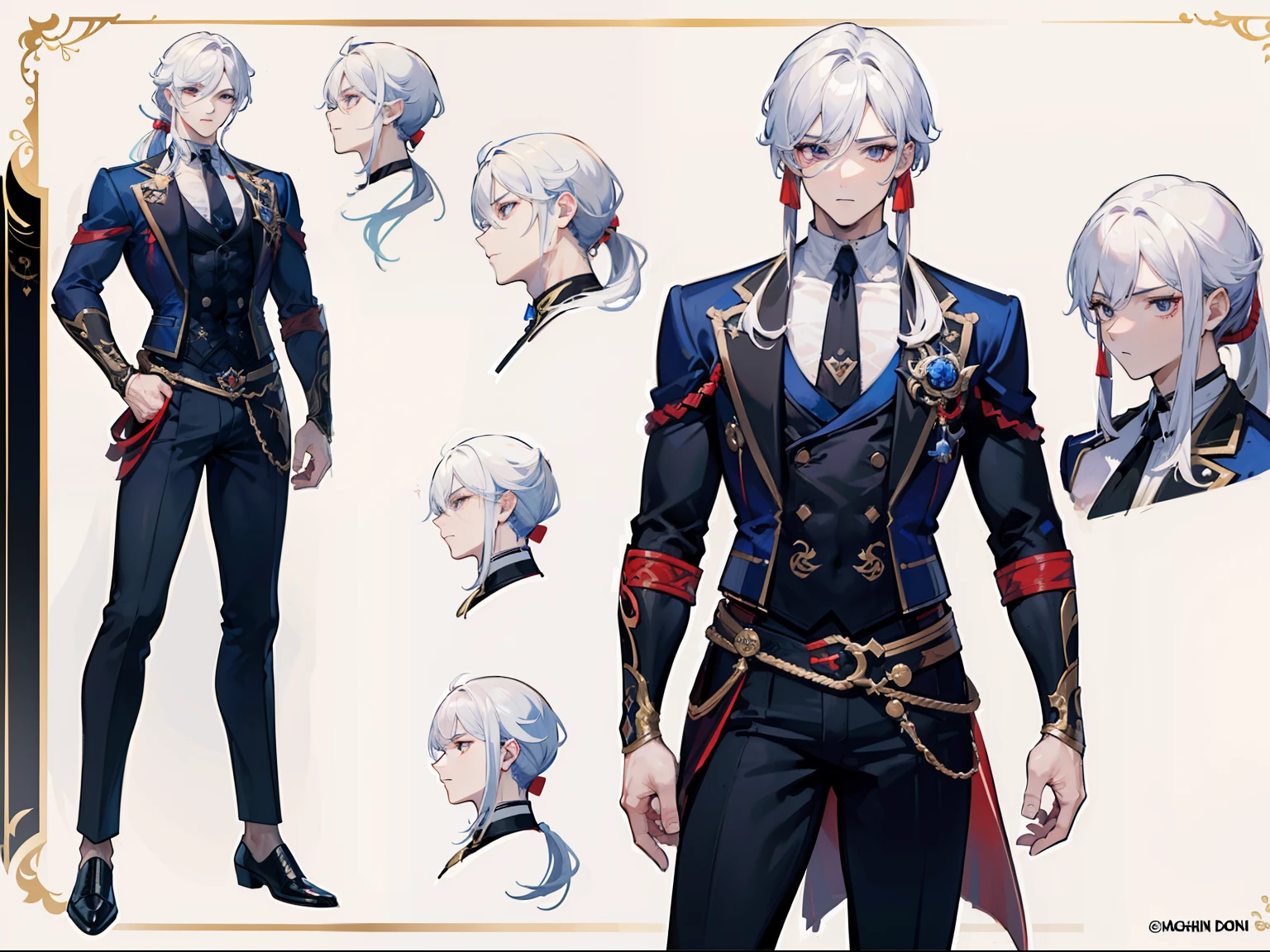 ((Masterpiece, Highest quality)), Male, boy, Detailed face, character design sheet, full bodyesbian, Full of details, frontal body view, back body view, Highly detailed, Depth, Many parts, Muscle boy with ponytail long white hair,handsome man, muscle body, vampire outfit clothes, Genshin Impact, man tall,