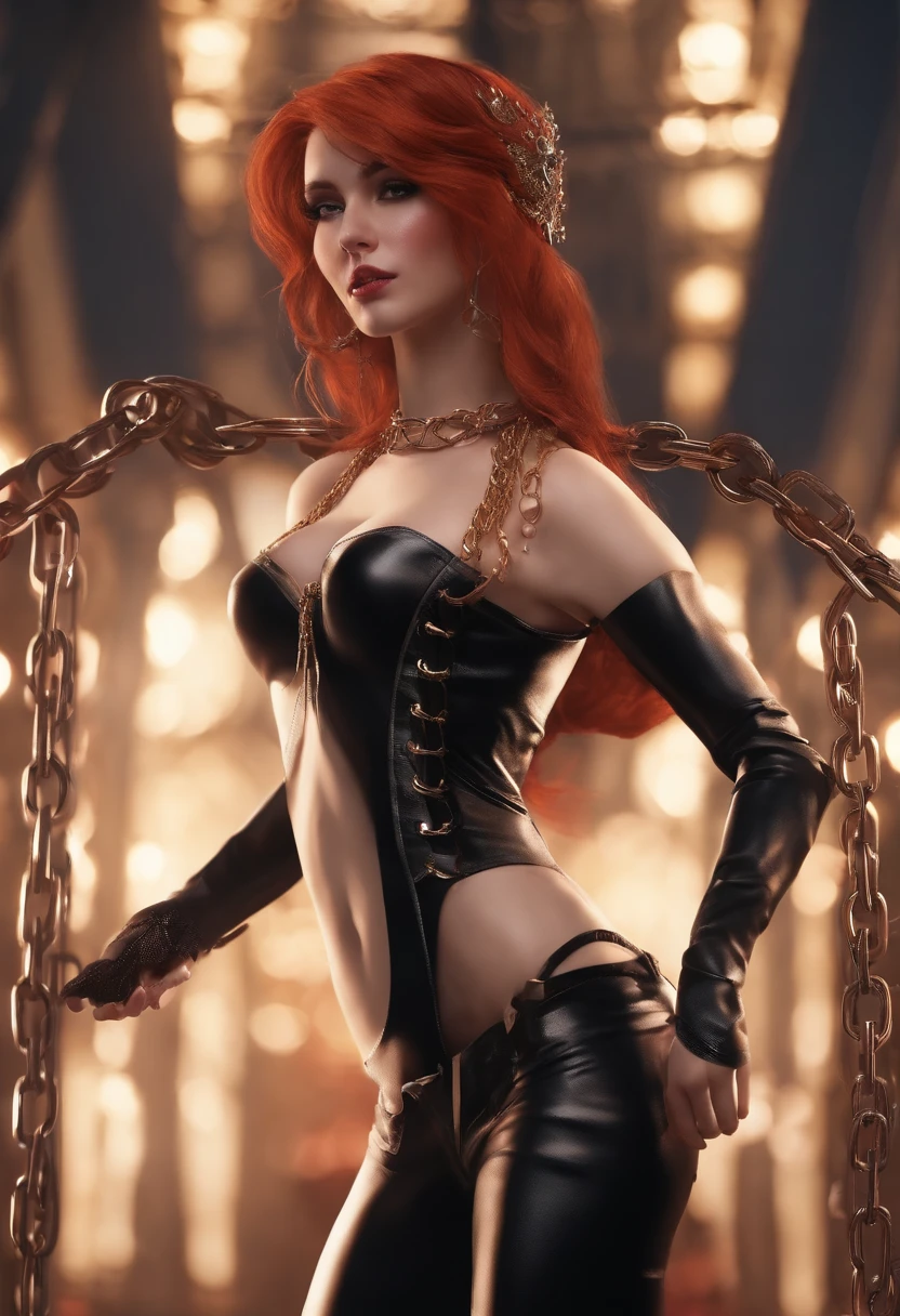 femele（1girll）The body is slender and hot，redheadwear，Metal chain binding，Humiliated，full bodyesbian