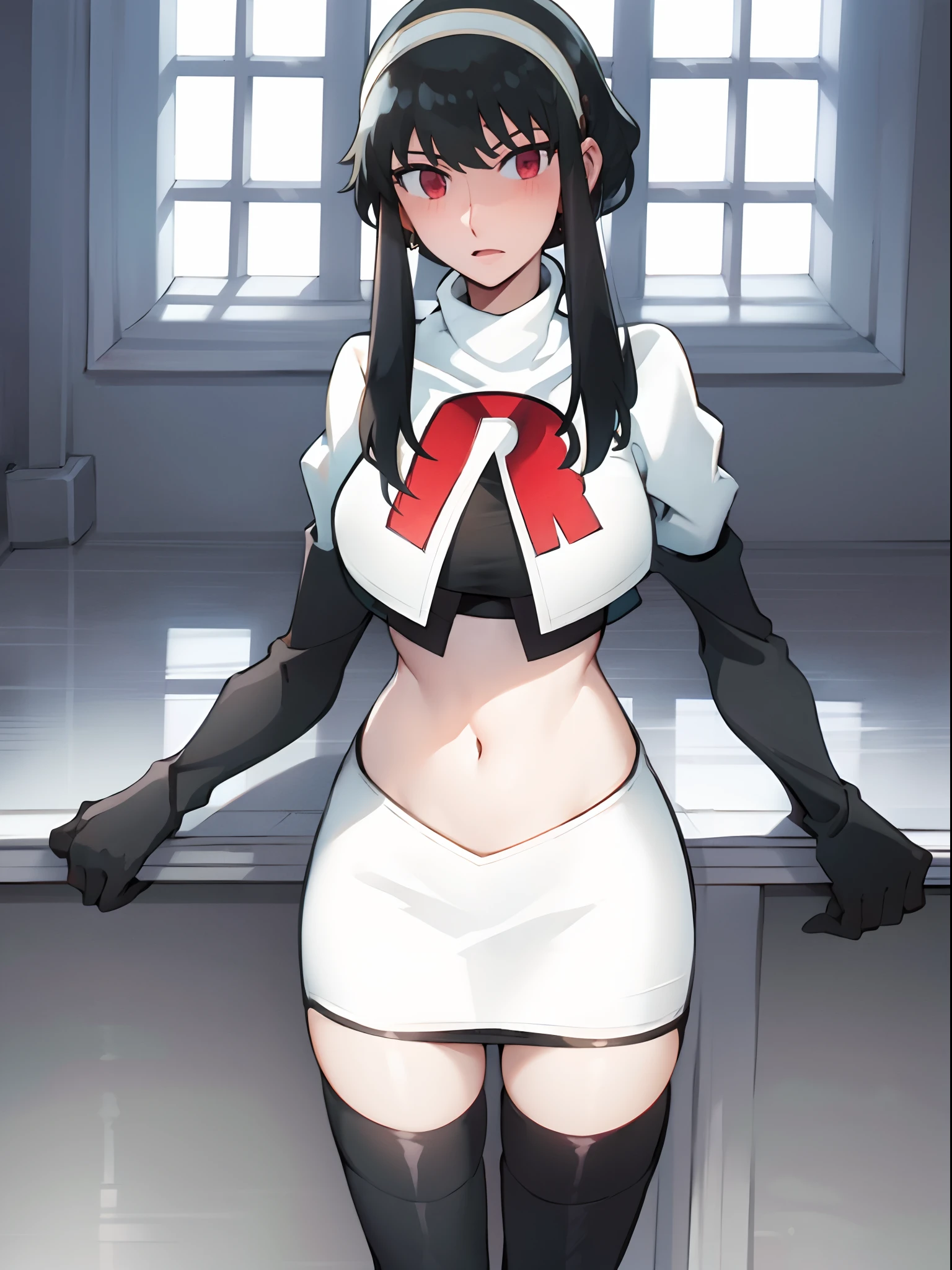 official art,anime,tsurugidef, blush,simple background,moody lighting, facing viewer,BREAK
blush, closed mouth, team rocket,team rocket uniform,white skirt,red letter R,crop top,black thigh-highs,black elbow gloves,wavy mouth,constricted eyes, constricted pupils,,
blunt bangs