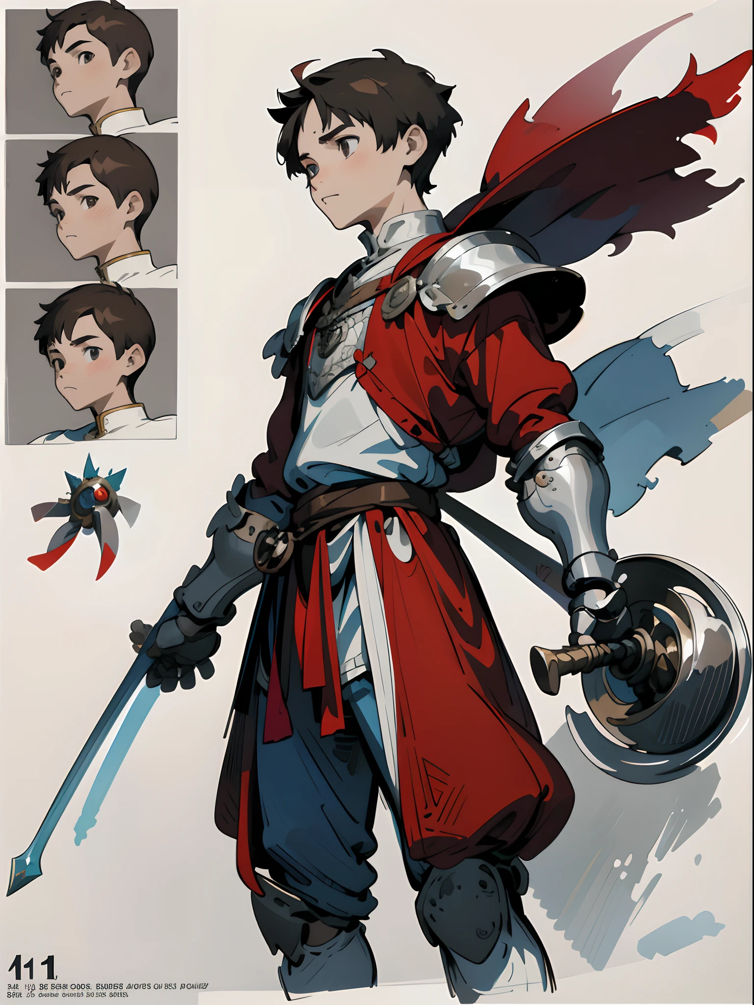 (CharacterDesignSheet, Same character, Front, Side, back), illustration, (Simple background, White background: 1.3), a -yeld te1 baby boy, with shn hair, short hair parted in the middle, Bright eyes, without a beard,, Silver medieval knight's armor, Red clothes, Armed with a rapier in hand