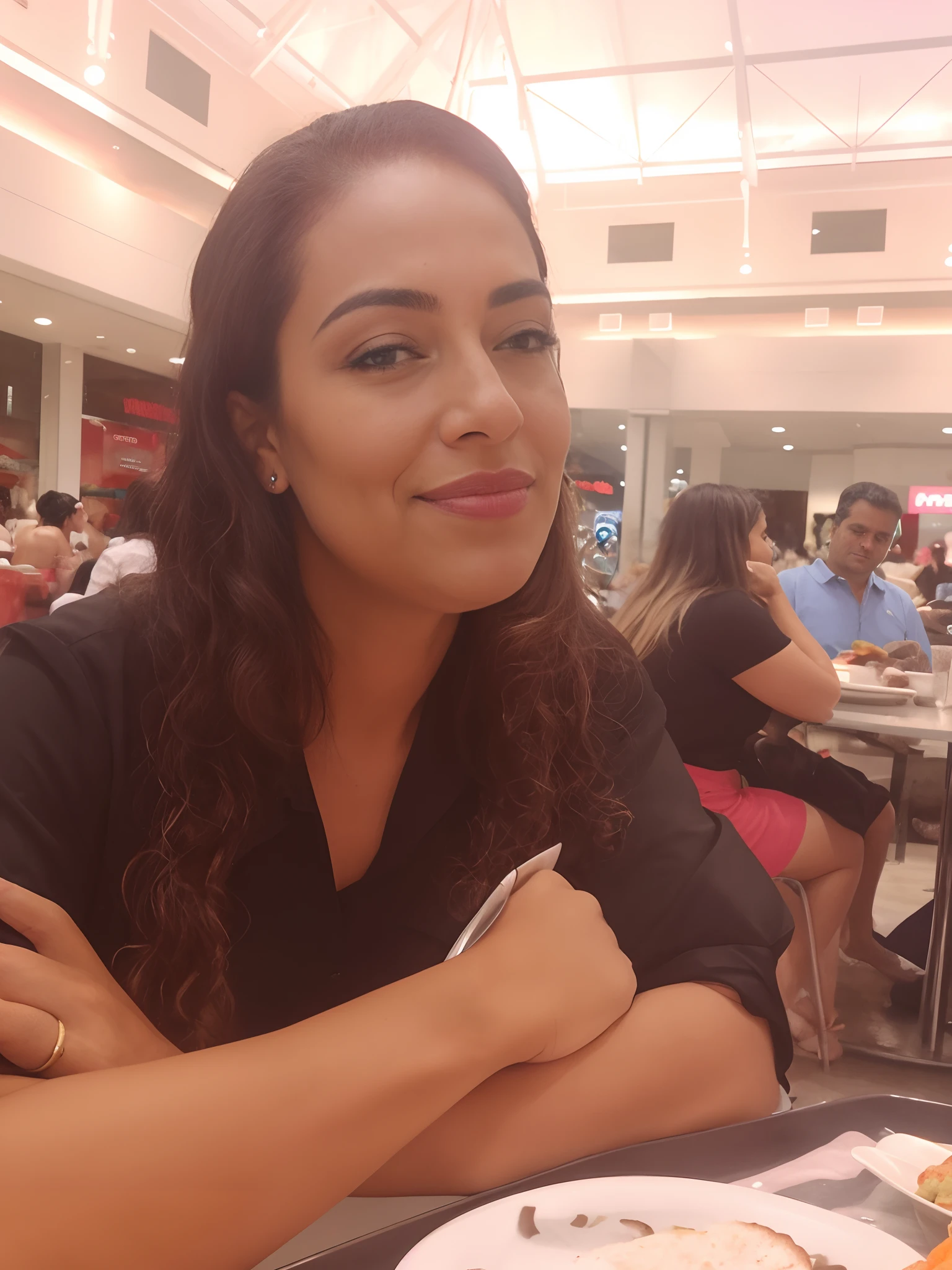 there is a woman sitting at a table with a plate of food, Directed by: Nandor Soldier, em um shopping, em um shopping, Mulher de 30 anos de Cuba, Malika Favre, by Maria Helena Vieira da Silva, In Sao Paulo, Beautiful girl, Parece Fabiula Nascimento, Alanis Guillen