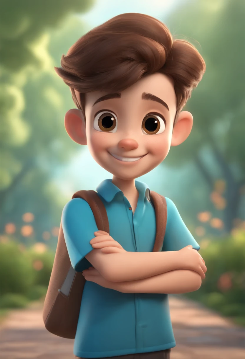 A happy and cute boy , Wearing a graduation cap,Book in hand,wearing blue shirt , Cyan solid background, Gamine, Tom, pixar-style, ......。.。.3D, Cartoony, Detal Face, 对称,16K,super detail, ccurate, best quality