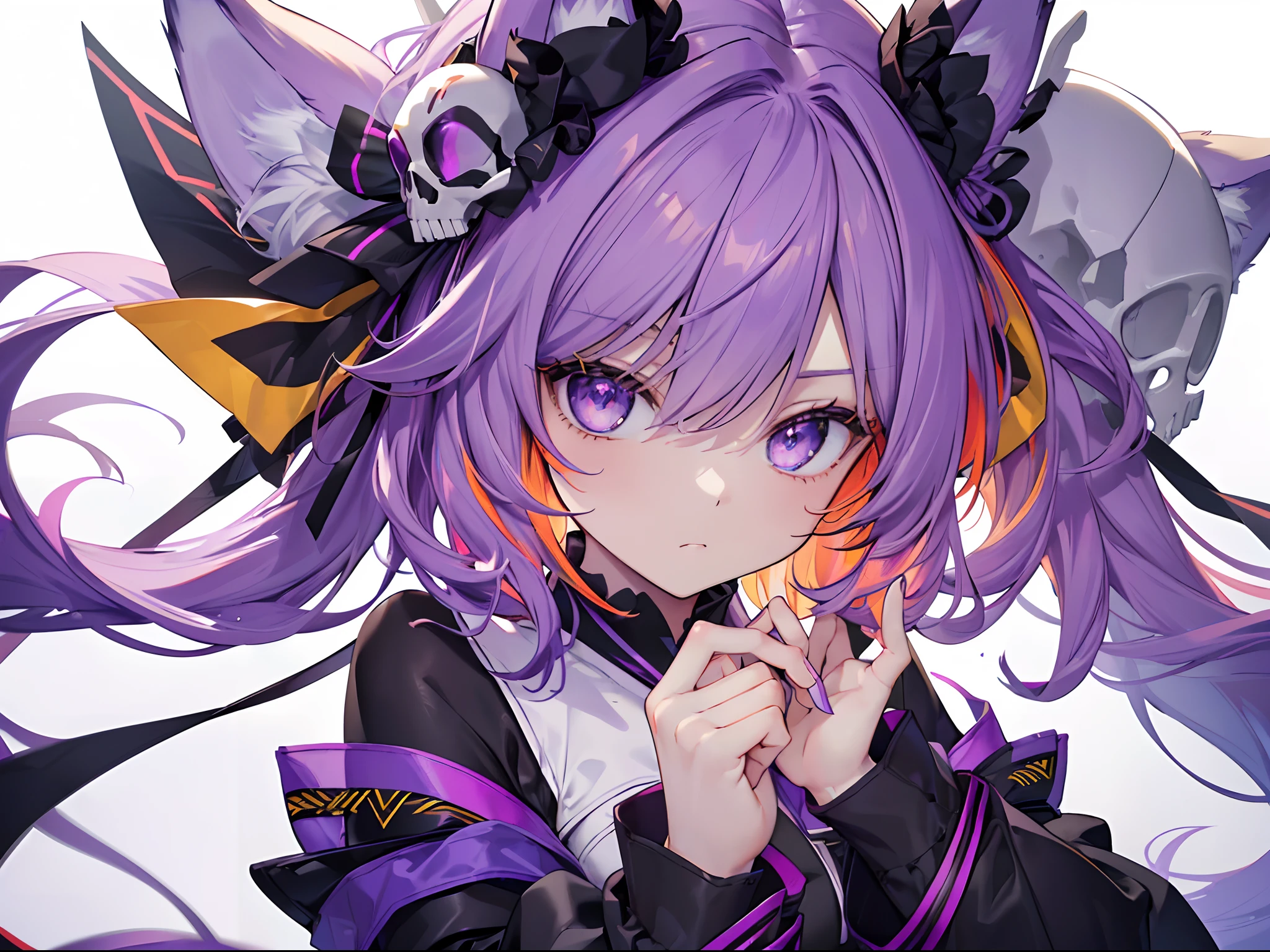 masterpiece, best quality, super fine illustration, perfect anatomy, perfect eyes, correct anatomy, perfect proportion, perfect face, perfect hands, perfect legs, perfect fingers, perfect hands, professional lighting, best quality, ultra detailed, extremely delicate and beautiful, 4k, 8k,,1girl, fox girl, (((multicolored hair:1.2)(white 1.2)(purple 1.2), fox ears, long Hime hair, fox tail, black combat gear, black skirt, fishnet, cute expression, perfect skull ribbon, lavender eyes, close up ,fit to frame, solid green background,