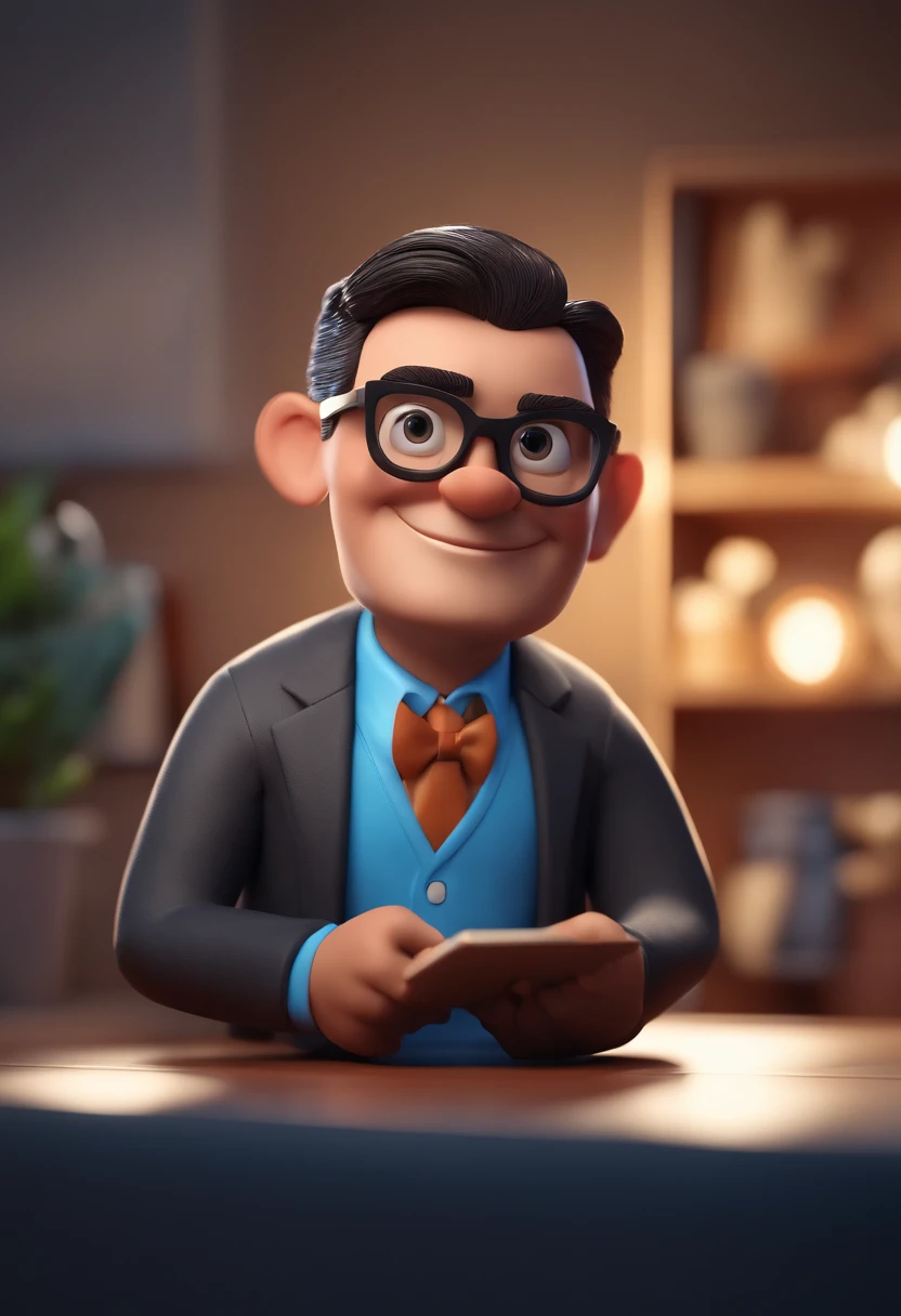 Cartoon character of a man with black glasses and a blue shirt, animation character, Caractere estilizado, animation style rendering, 3D estilizado, Arnold Maya render, 3 d render stylized, toon render keyshot, Personagem 3D, Personagem 3D, 3d rendering stylized, 3 d character render, personagem de desenho animado, Personagem de close up, Pose de personagem, (Estilo Pixar) (master part:1.2) (Bokeh) (best quality) (pele detalhada) (textura detalhada) (8k) (argila) (Cinematic lighting) (foco nítido
