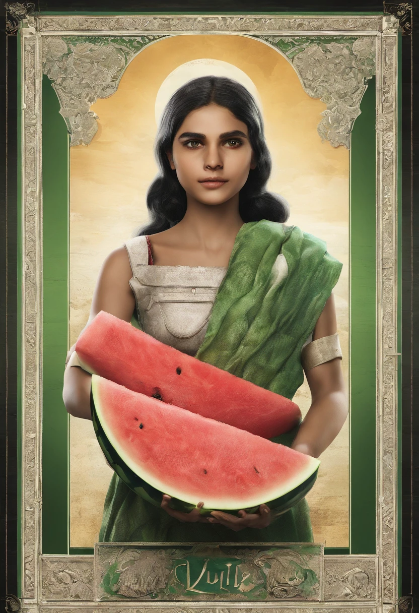 Photo of life awarded by National Geographic, Gaza Strip destroyed after war | the man stand with 5-years-old girl holding a teddy bear in the paradise garden | full body view | highly detailed | high resolution | looking at the viewer with an intense gauze | predatory | hyper detailed eyes | sharp focus | natural light, white flag, slice of watermelon, red, green, white, black, (word: FREEDOM)