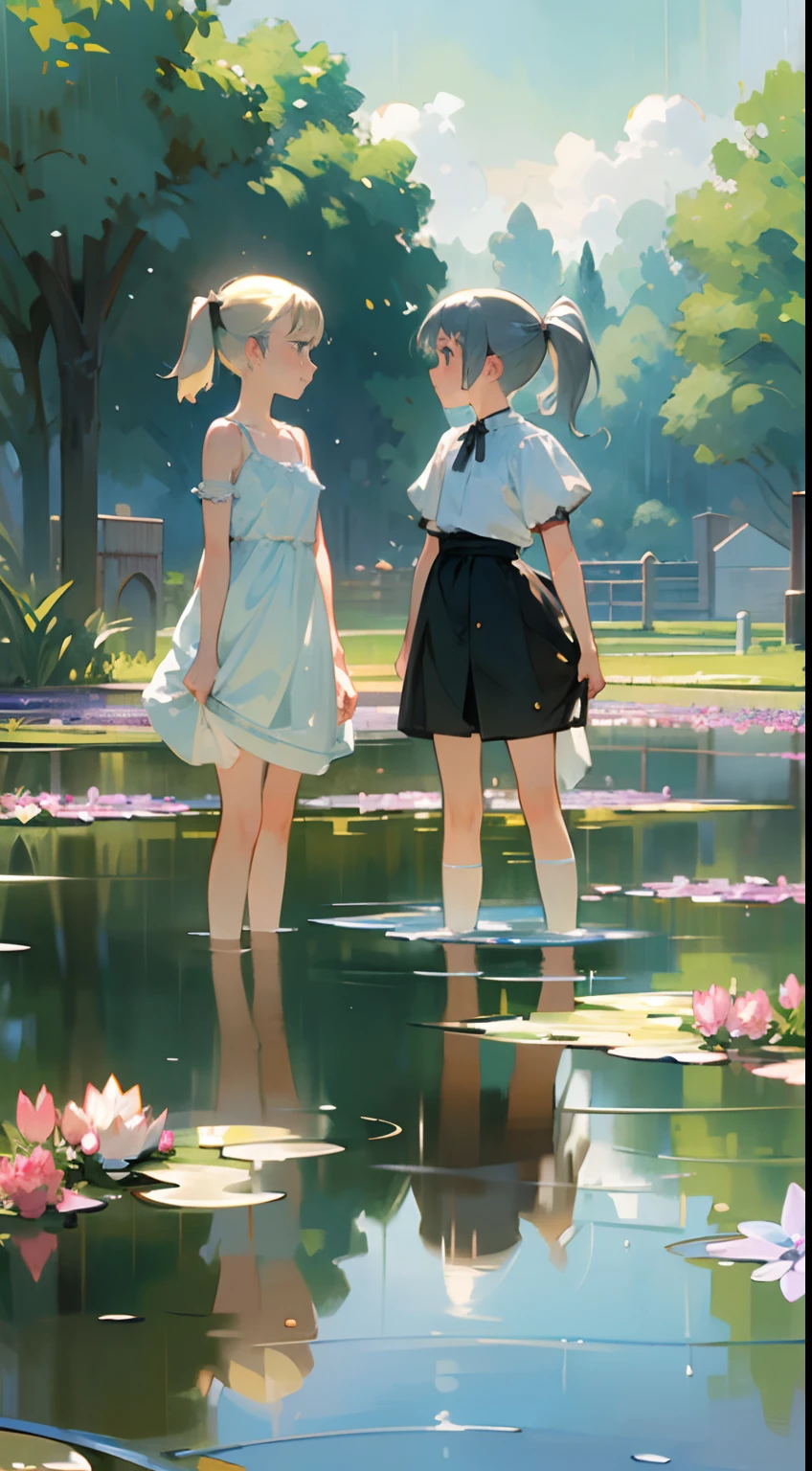 In Claude Monet sttle, Impressionism, 2 girls, white camisole, 14 years old, one girl is short silver hair,one girl is blond pony tail, pond, ((wet))