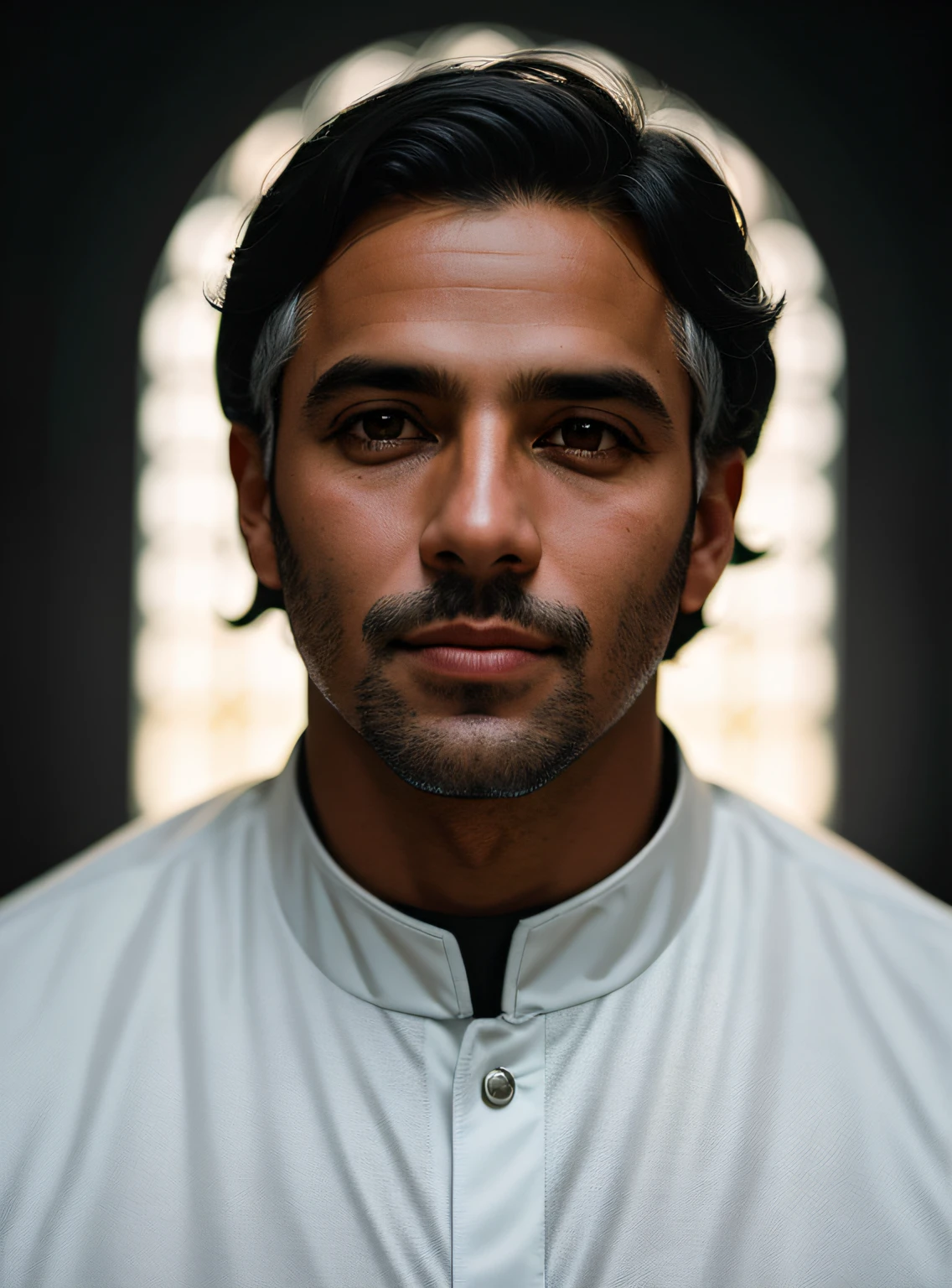 A SYMMETRICAL PORTRAIT OF pastor bruno leonardo, barbado, enrugado, Resistido, com olhos penetrantes, Rosto detalhado, Detalhes altos, FotograFia, Dark Studio, luz de aro, Nikon D850 |, 50 millimeters, F/1.4