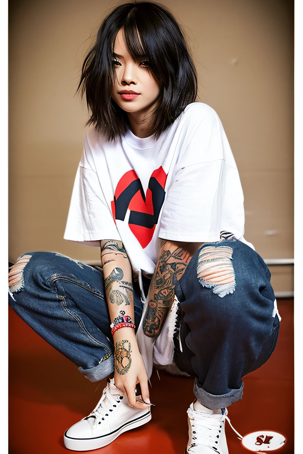 A boyish, tall, hot, youthful asian woman wearing a checkered flannel, an oversized white t-shirt, ripped pant jeans, and sneakers. She has a lot of tattoos and has a heart tattoo under her right eye. Her hair is messy, long, and black with red high lights.
