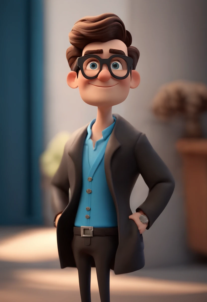 Cartoon character of a man wearing black glasses and a blue shirt, um personagem animado, Caractere estilizado, animation style rendering, 3D estilizado, Arnold Maya render, 3 d render stylized, toon render keyshot, Personagem 3D, Personagem 3D, 3d rendering stylized, 3 d character render, personagem de desenho animado, Personagem de close up, Pose de personagem, (Estilo Pixar) (master part:1.2) (Bokeh) (best quality) (pele detalhada) (textura detalhada) (8k) (argila) (Cinematic lighting) (foco nítido,Senta e vaza a parte superior do corpo