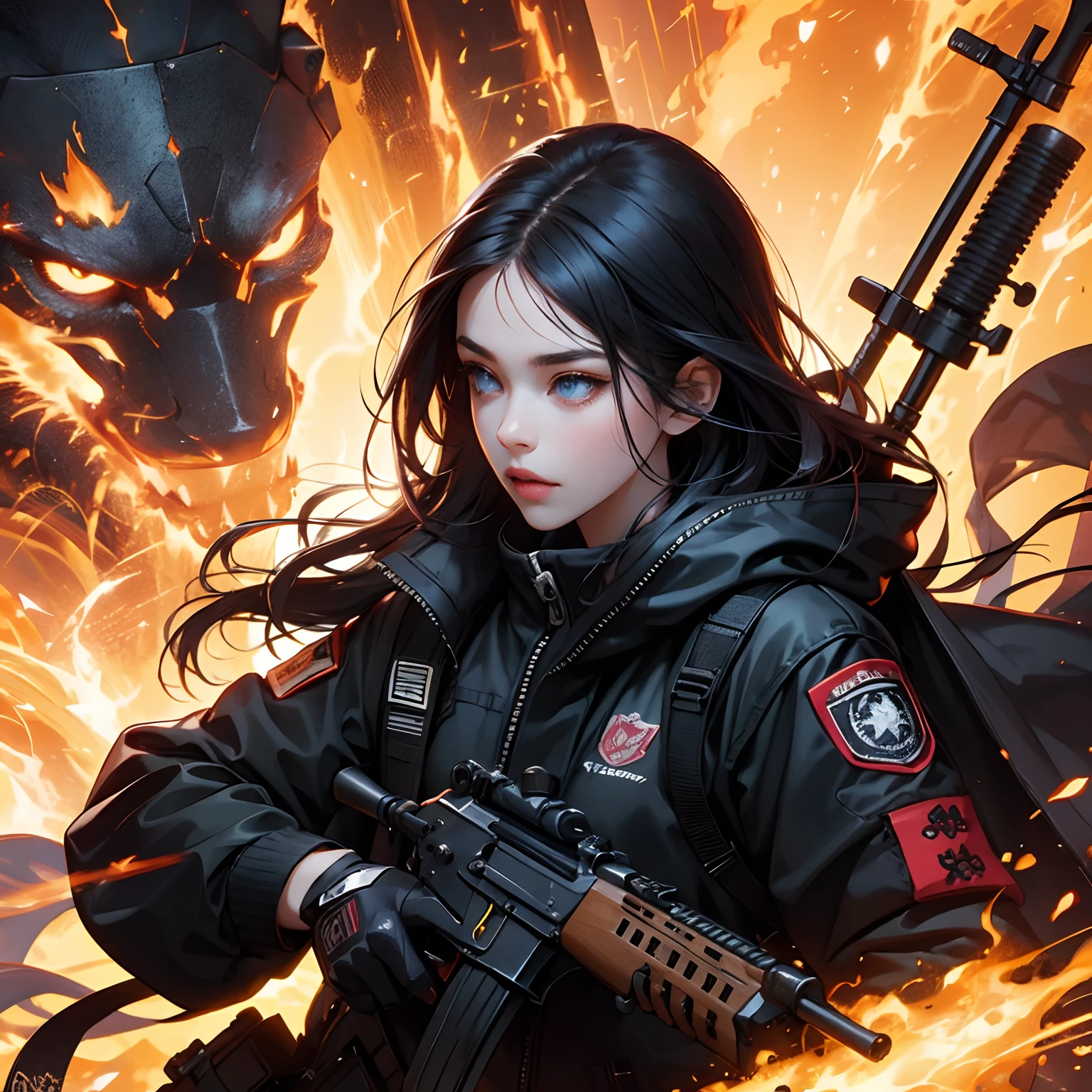 /imagine Young girl, masterpiece, best quality, high resolution, 1girl, solo, black_hair and fire , blue_eyes Nein fire, detailed skin and face, jacket, holding gun, ak-47, assault rifle pegando fogo , kalashnikov rifle, trigger_discipline, low-ready