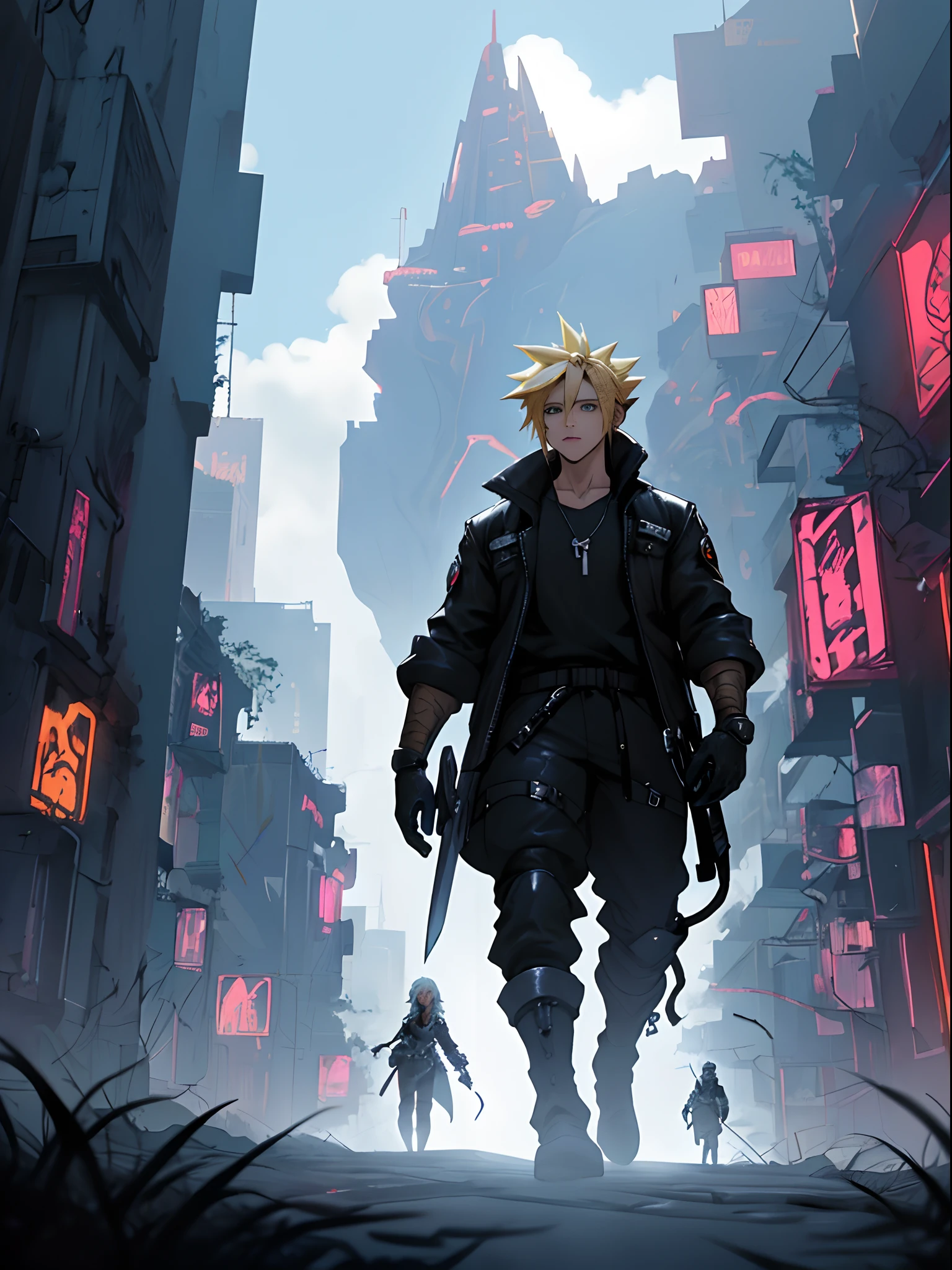 Imaginez un personnage androgyne aux cheveux argentés mi-longs et ébouriffés, rappelant Cloud Strife. Ses yeux perçants sont d'un bleu lumineux, et il porte une tenue de combat futuriste en noir et argent, évoquant un style cyberpunk. Il tient une grande épée massive à deux mains avec un design unique et futuriste, semblable à la Buster Sword. L'arrière-plan est sombre avec des touches de lumière bleutée pour donner une atmosphère mystérieuse. Le personnage dégage une aura de puissance et de mystère, convenant parfaitement au pseudo "Darkstrife".