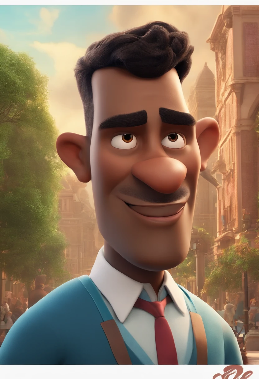 A city councilman looking at a dream project inspired by Pixar animation, de perto. The character takes center stage with captivating facial expressions, oferecendo um toque de irrealidade