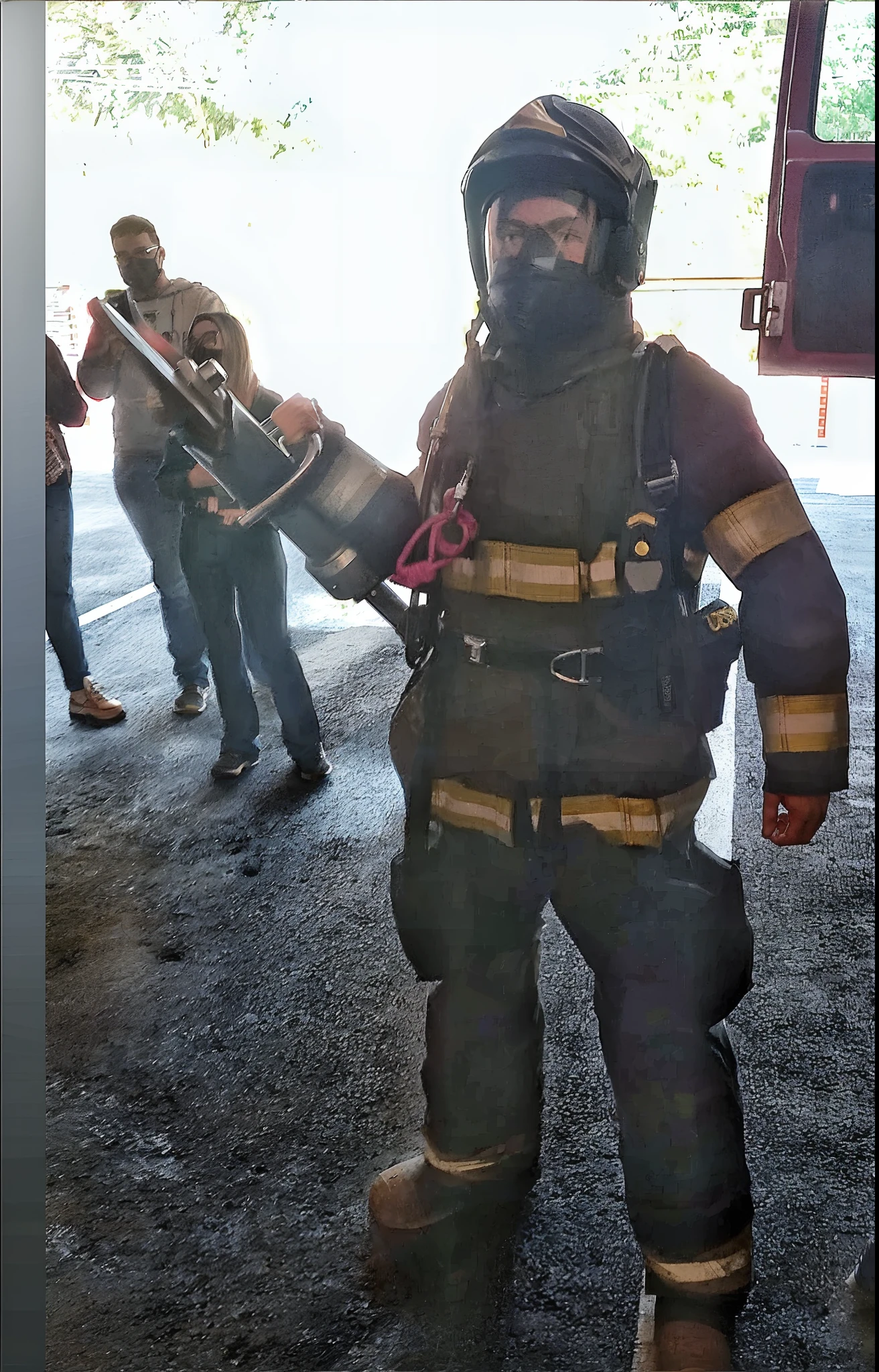 There's a man in a fireman's suit holding a gun, firefighting gear, tiro de comprimento de corpo inteiro, Directed by: Kathleen Scott, Close-up de corpo inteiro, tiro de corpo inteiro, tiro de corpo inteiro, tiro de corpo inteiro, tiro de corpo inteiro, Fechar tiro de corpo inteiro, bombeiro, corpo inteiro - frente - tiro, Directed by: Scott M. Fischer