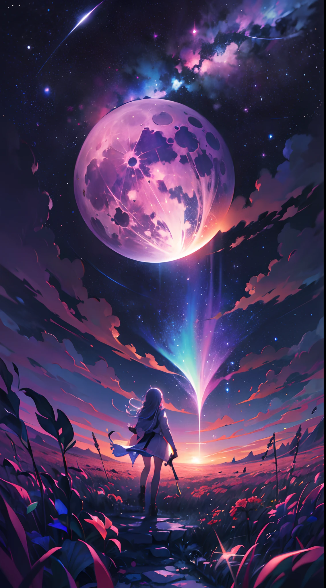 Vast landscape photo, (viewed from below, the sky is above and the open field is below), a girl standing in an empty field looking up, (full moon, psychedelic moon: 1.2), (meteor showers: 0.9), (nebula, cosmic: 1.3), distant mountains , Trees BREAK Crafting Art, (Warm Light: 1.2), Lights, Lots of cosmic colors, perfect color scheme, Intricate Details, Volumetric Lighting, Realism BREAK (perfect Masterpiece: 1.2), (Best Quality, best resolution), 4k, Ultra-Detailed, (Dynamic Composition, perfect composition: 1.4), Very Detailed, Colorful Details, (Rainbow Colors, vibrant colors, cosmic colors: 1.2), (Glow Lighting, Atmospheric Lighting), Dreamy, Magical, enchanted, cosmic, psychedelic, atmospheric, aesthetic, dreamlike (Solo: 1.2)