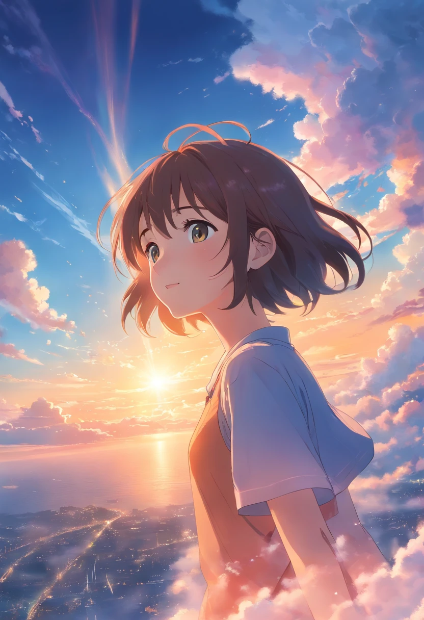 masterpiece, best quality, movie still, 1girl, cloud girl, floating in the sky, close-up, bright, happy, warm soft lighting, sunset, (sparks:0.7)