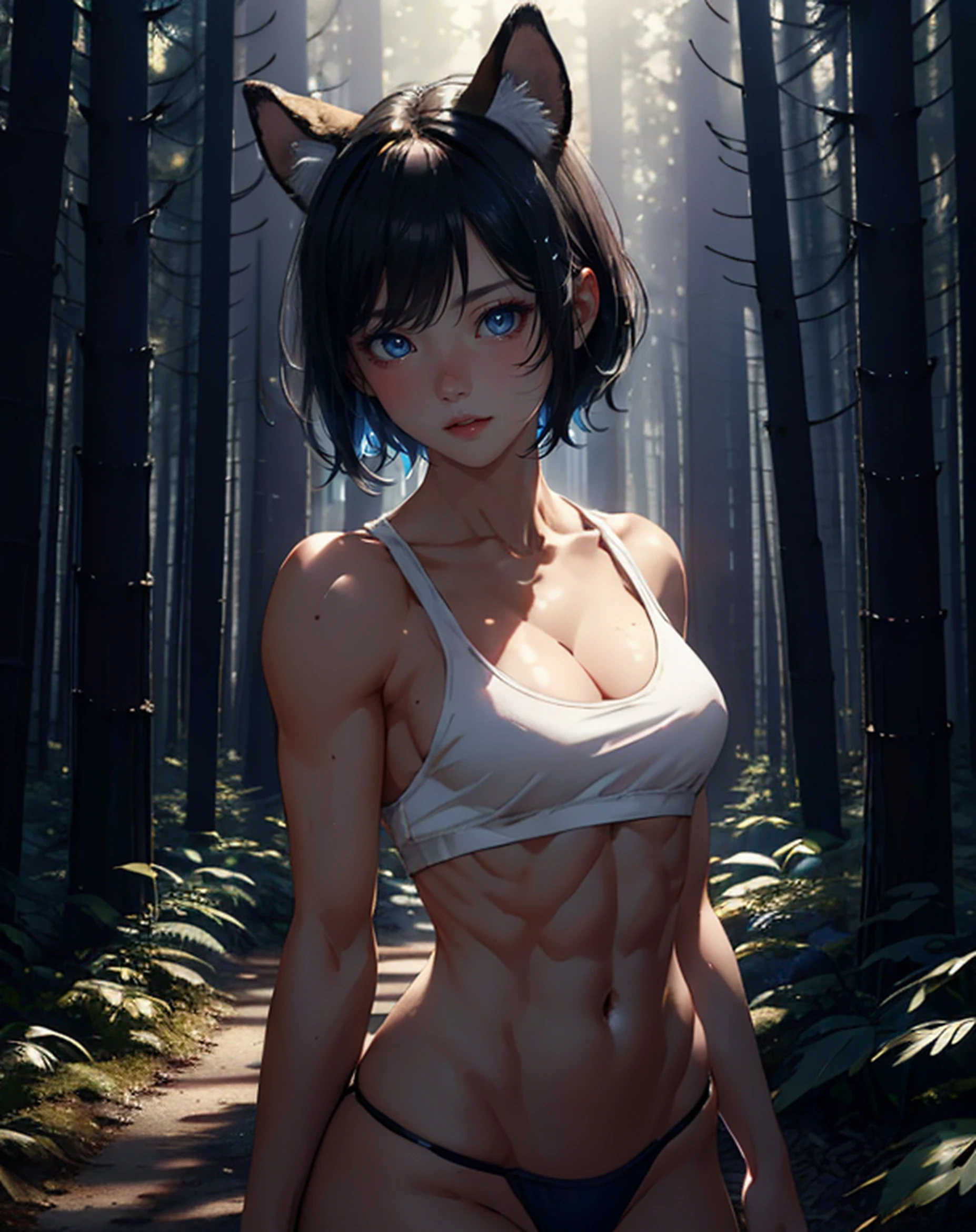 masterpiece, best quality, highres, 1girl, solo, animal ears,black hair, short hair, tail, flat chest,blue eyes, white panties, cropped tank top, cleavage,abs:1.2, (((upper body))), standing, ((Cinematic lighting)), perfect anatomy, night light,(forest:1.4),