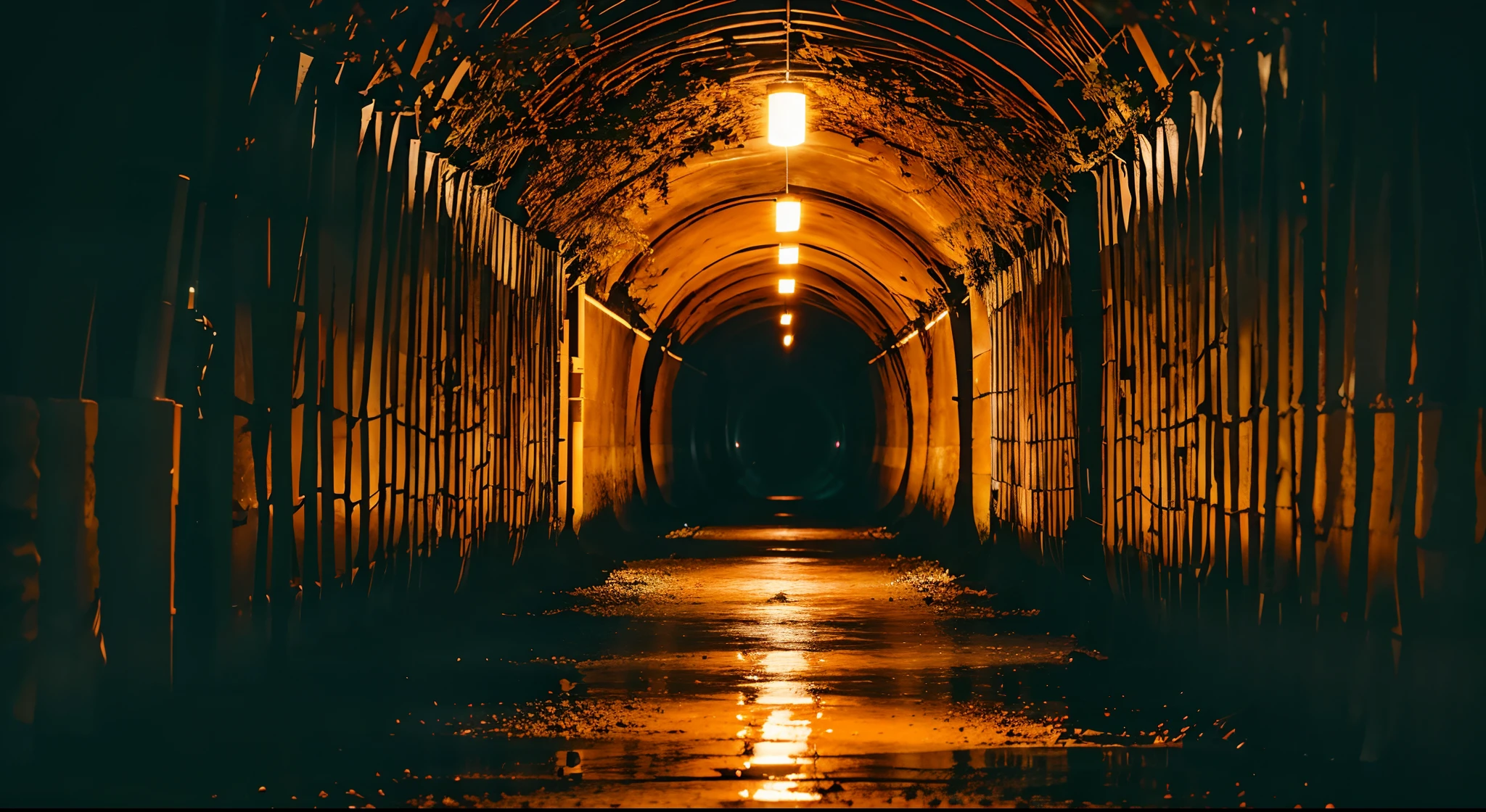 Inside a long pitch black tunnel with water, errie orange glow from above, tall orange autumn trees to the sides of the tunnel, ((surrounded by complete darkness))