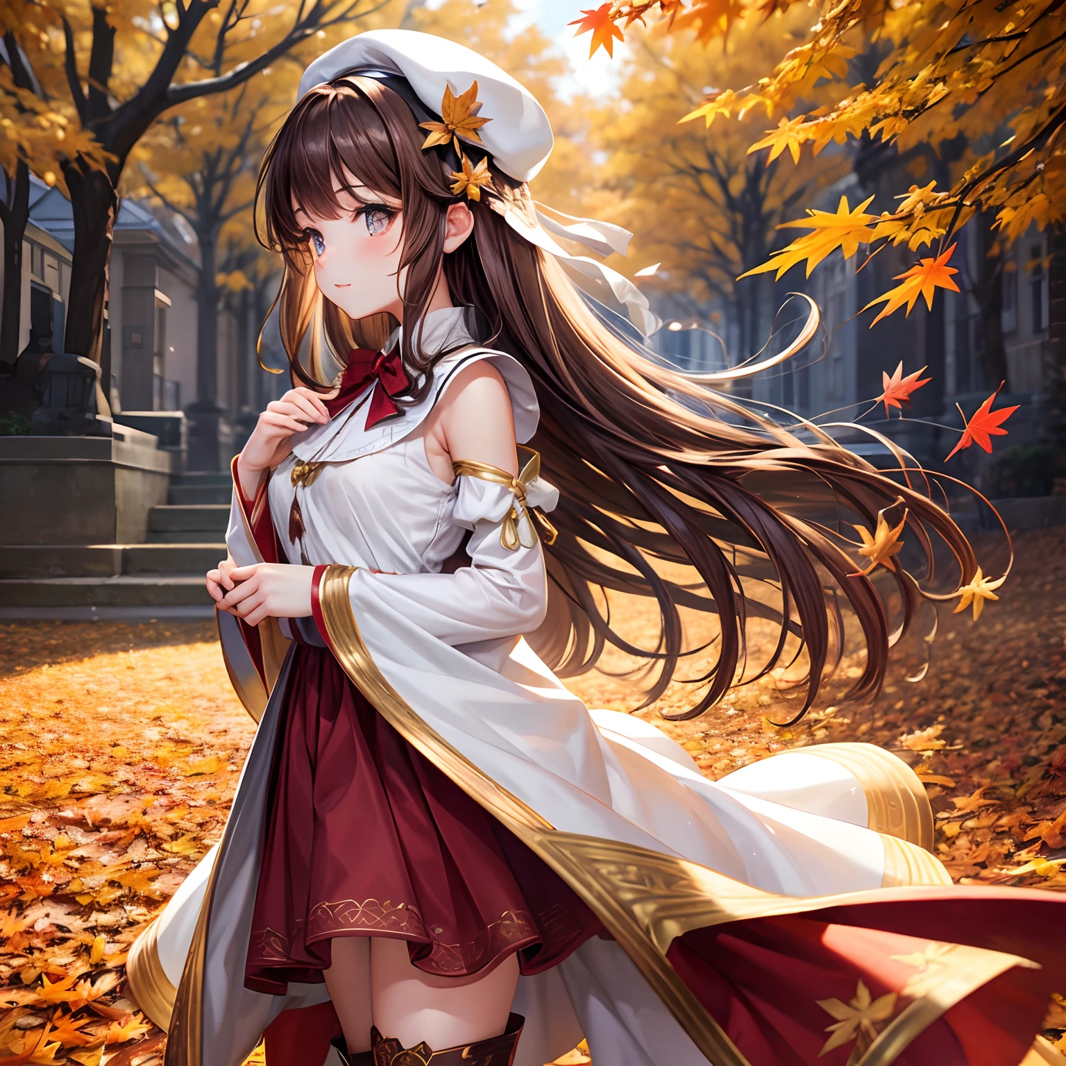 extremely delicate and beautiful girl,wariza, fantasy-inspired, intricate detailes, Beautiful detailed, Whole body, From Side, up close shot, look up to, Petite, 1 girl, Young girls, long light wavy hair, Curly hair, Air bangs, Beautiful and detailed rune tails, Hair intake, light brown hair, Beautiful detail hair, Cute face, Happy, lovely big eyes, Perfect hands, Small breasts, zettai ryouiki, Light brown eyes, bowknot over white beret, beautiful detailed dress, knee boots, Beautiful colored clothes, Fluttering fallen leaves, The tree々Autumn sunshine shining through the middle, Red Maple,Red maple leaves are fluttering,A path covered in beautiful maple leaves ,Maple leaves flying, fluttered fallen leaves,Best Quality,Highly detailed, hyper quality, Extremely detailed,