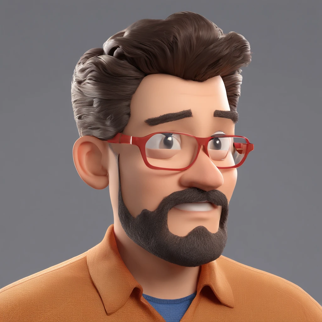 Criar um personagem no estilo Pixar. Trata-se de um homem de 30 anos, com barba, Branco, com cabelos castanhos curtos e um quiff, e olhos castanhos. Ele deve estar na frente de um computador, Trabalhar como designer