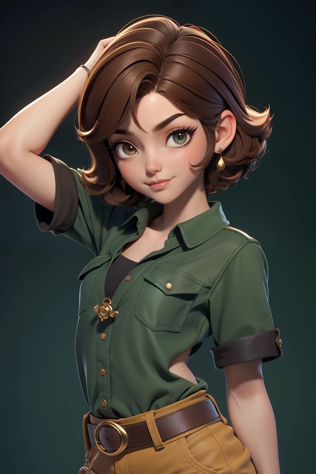 master part, best quality, 1st grade, olhos verdes, pele escura, brown hair, cabelos ondulados, short hair, Brincos, jewelries, pirata, Camisa comprida, fundo simples, sozinho, parte superior do corpo
