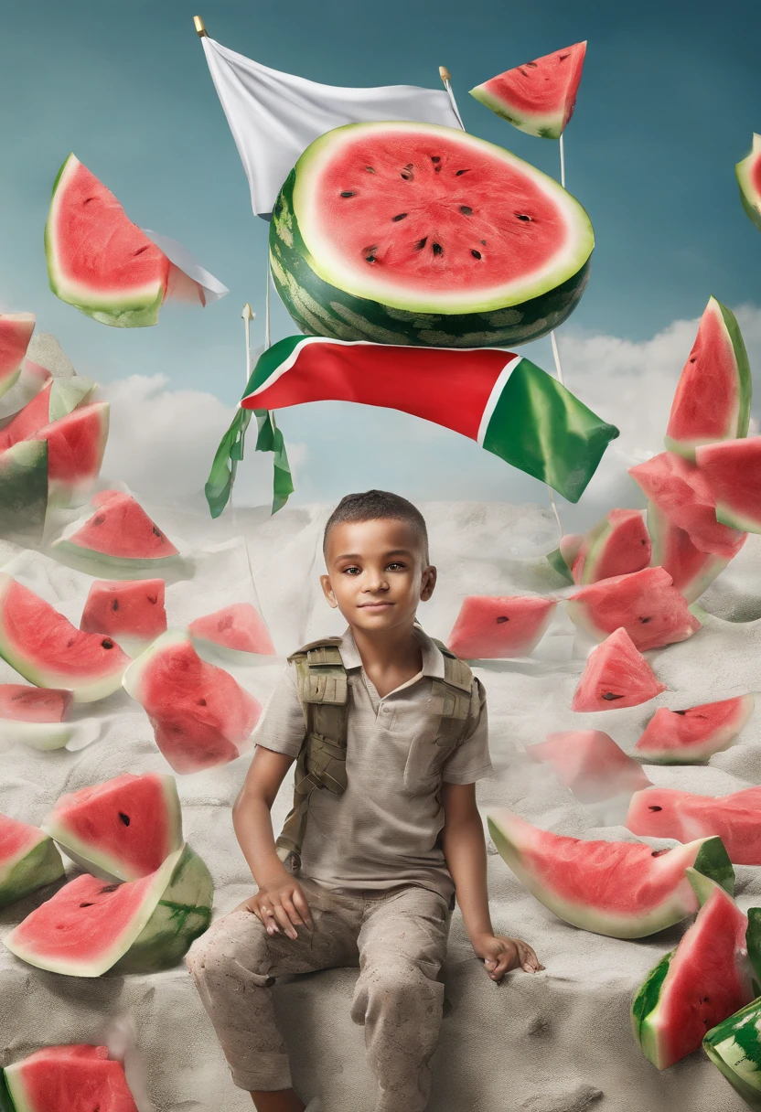 Photo of life awarded by National Geographic, Gaza Strip destroyed after war | the man stand with 5-years-old girl holding a teddy bear in the paradise garden | full body view | highly detailed | high resolution | looking at the viewer with an intense gauze | predatory | hyper detailed eyes | sharp focus | natural light, white flag, slice of watermelon, red, green, white, black, (word: FREEDOM), hyperdetailed, hyper realistic, ultra detailed