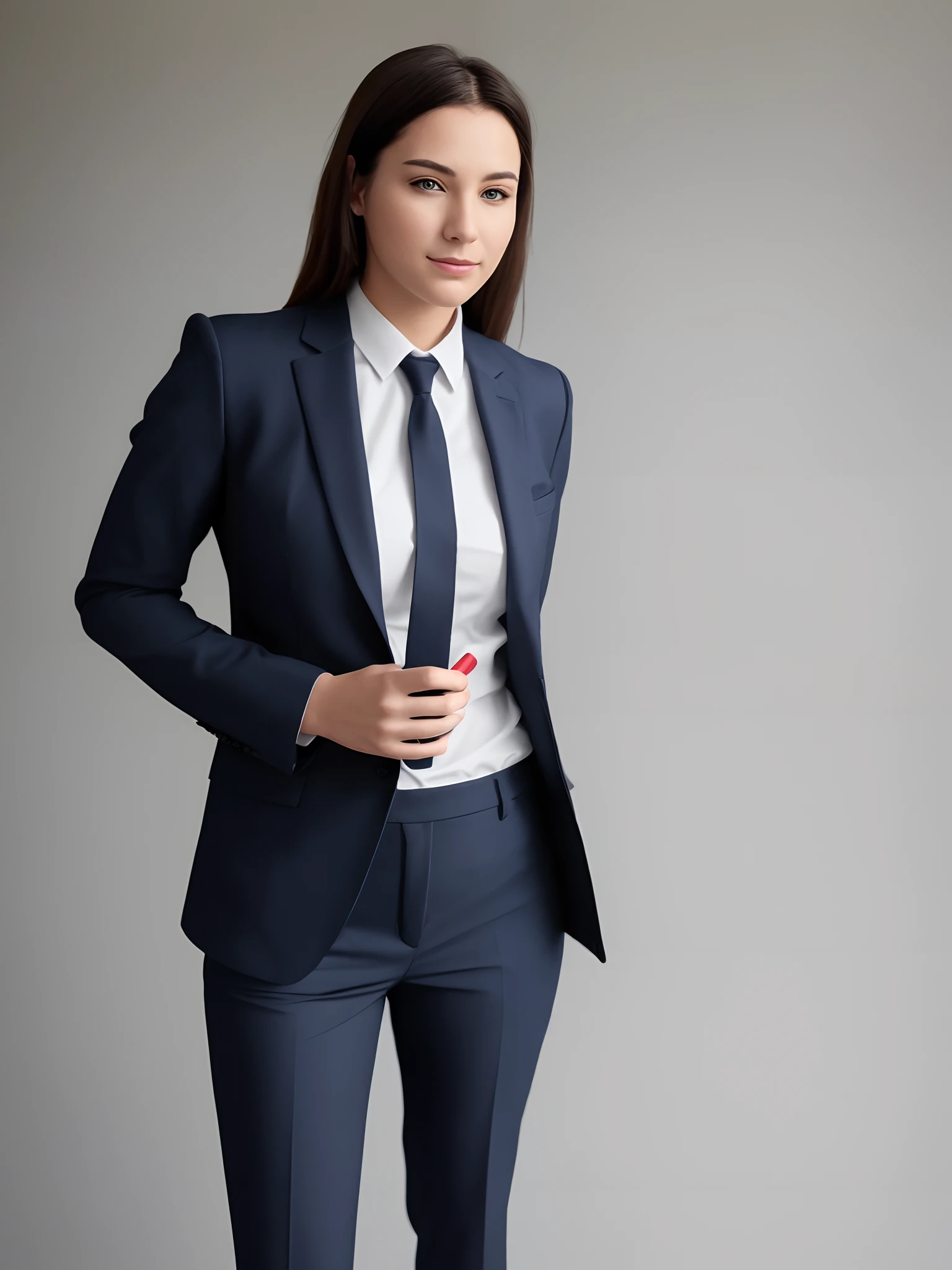 Confident female with a suit on while posing with a phone in her hand.