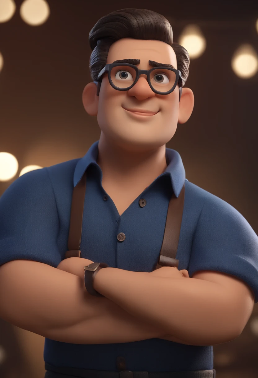 Cartoon character of a man wearing black glasses and a blue shirt, um personagem animado, Caractere estilizado, animation style rendering, 3D estilizado, Arnold Maya render, 3 d render stylized, toon render keyshot, Personagem 3D, Personagem 3D, 3d rendering stylized, 3 d character render, personagem de desenho animado, Personagem de close up, Pose de personagem, (Estilo Pixar) (master part:1.2) (Bokeh) (best quality) (pele detalhada) (textura detalhada) (8k) (argila) (Cinematic lighting) (foco nítido,Senta e vaza a parte superior do corpo