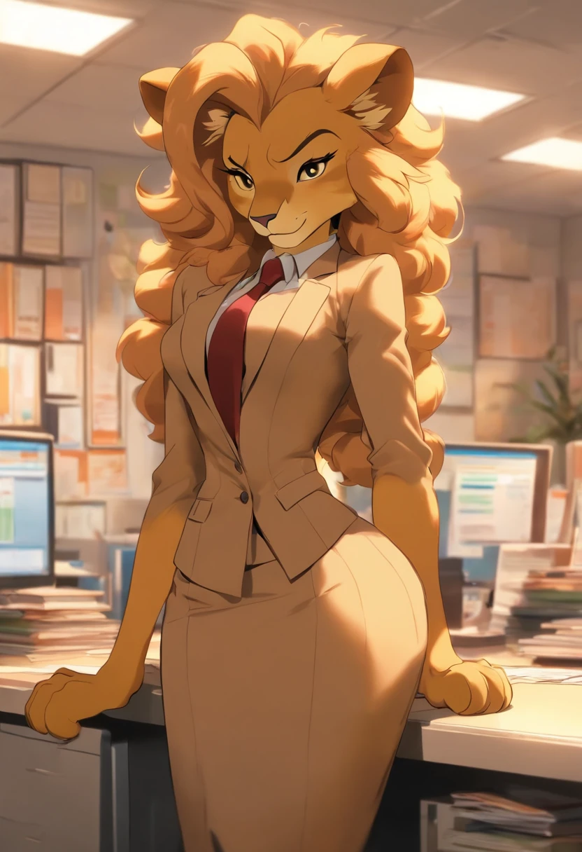 This image showcases the anthropomorphic lioness as she stands near her desk, leaning against it with one arm. She wears a smart and alluring business suit, complete with a knee-length skirt and a fitted blazer. The open jacket reveals a glimpse of her sculpted midriff, enhancing her feminine appeal. With one paw resting on her hip, she appears confident and powerful, radiating an air of authority. The office backdrop is tastefully decorated, with bookshelves filled with files and a stylish lamp illuminating the scene.