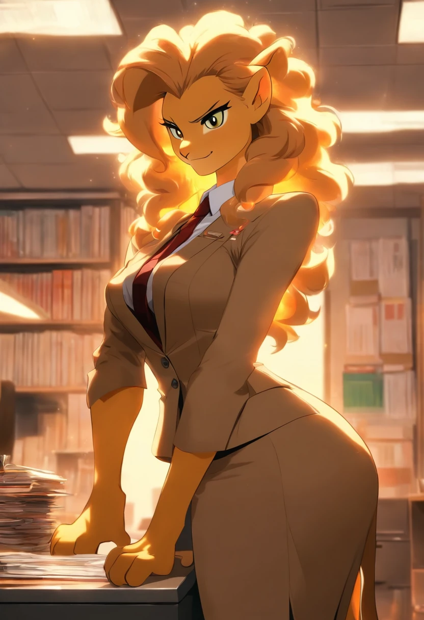 This image showcases the anthropomorphic lioness as she stands near her desk, leaning against it with one arm. She wears a smart and alluring business suit, complete with a knee-length skirt and a fitted blazer. The open jacket reveals a glimpse of her sculpted midriff, enhancing her feminine appeal. With one paw resting on her hip, she appears confident and powerful, radiating an air of authority. The office backdrop is tastefully decorated, with bookshelves filled with files and a stylish lamp illuminating the scene.