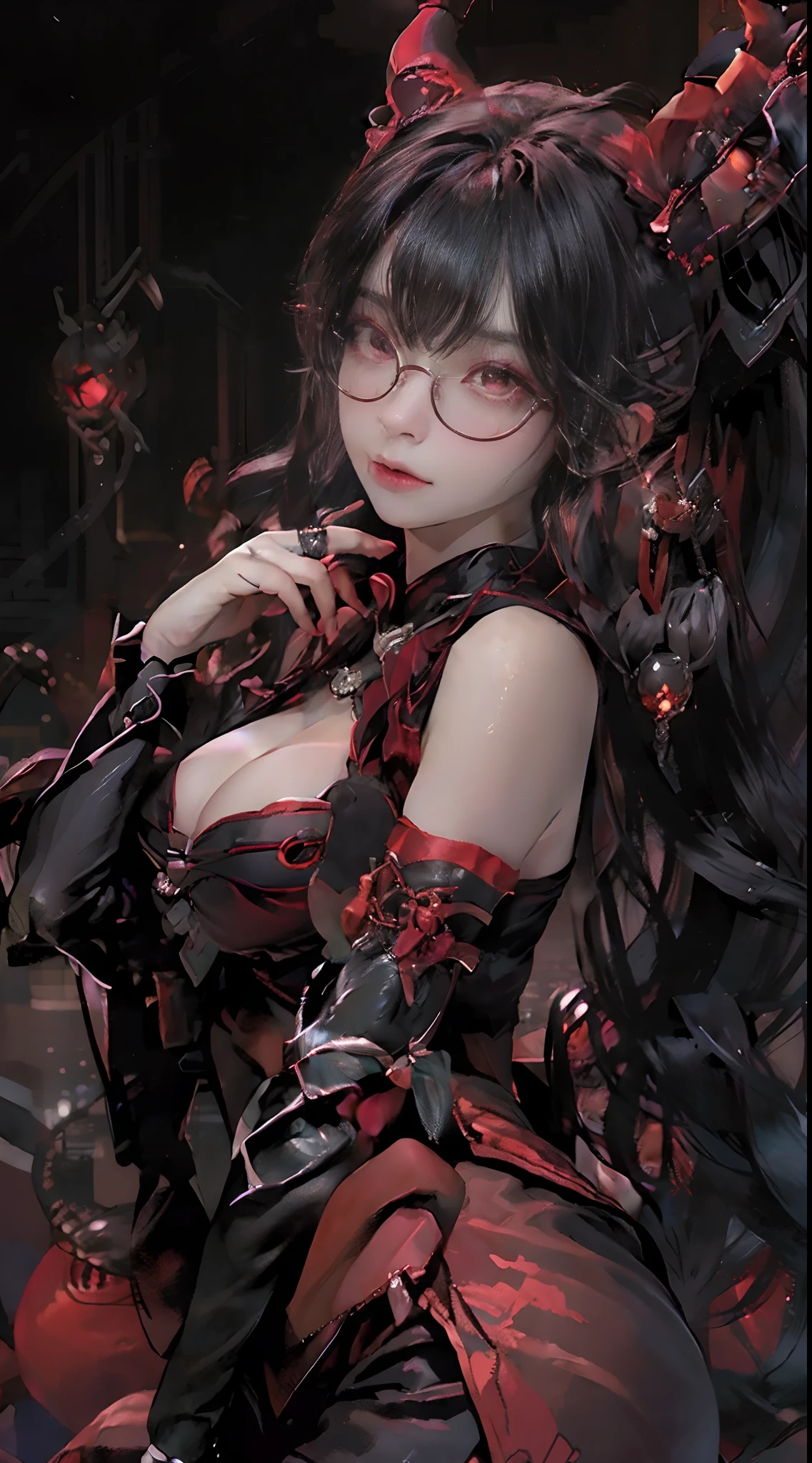 Fine、(The best illustrations)、8K resolution、intricate-detail、top-quality、realisitic、ultra-detailliert、The best lighting、Best Shadows、Soft lighting、Ulutra HD、Dungeon and Dragon、Dungeon、Devil's Daughter Tentacle Sex, (Many alien tentacles:1.2), torn, too much, Tears, srestrained, (Multiple inserts:1.2) 、A Necromancer、natta、magia、Dark style、Succubus、Devil's Daughter、Bat Wings,(((Demon Horns)))、((((black-rimmed round glasses))))、(((Colossal tits)))、Devil's Tail、(red eyes glowing:1.6)、masterpiece、beautiful countenance、Tindall Effect、photos realistic、(High Detail Skins:1.2)、8KUHD、Digital SLR、hightquality、a picture、hight resolution、 absurderes、Ponytail distortion、best ratio four finger and one thumb、Highest high resolution、1人、hair adornments、a necklace、jewely、Beautiful expression、Body Up、Large breasts emphasis、Toned waist、Wide buttocks、Tindall Effect、Photorealsitic、(High Detail Skins:1.2)、