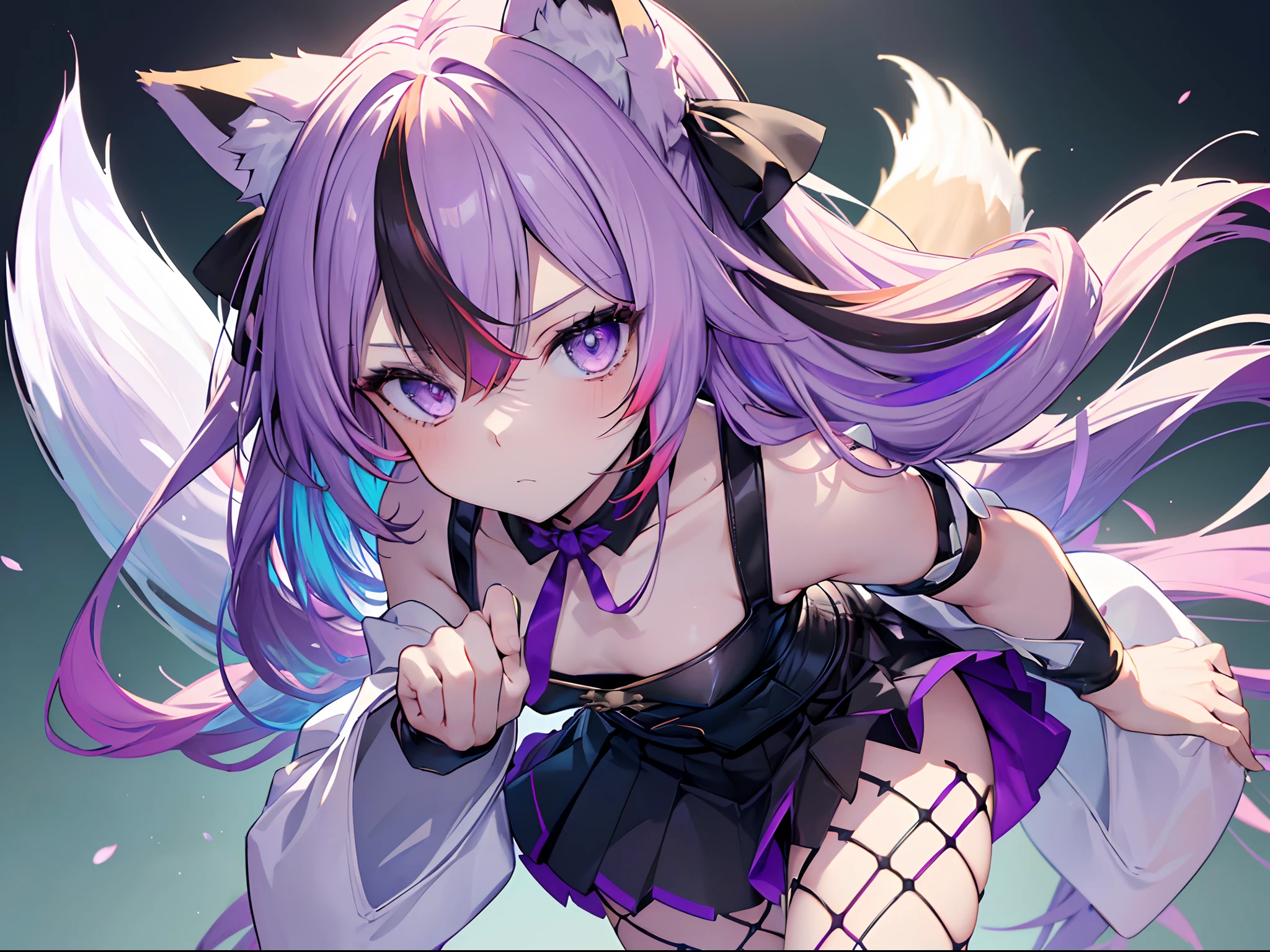 masterpiece, best quality, super fine illustration, perfect anatomy, perfect eyes, correct anatomy, perfect proportion, perfect face, perfect hands, perfect legs, perfect fingers, perfect hands, professional lighting, best quality, ultra detailed, extremely delicate and beautiful, 4k, 8k,,1girl, fox girl, (((multicolored hair:1.2)(white 1.2)(purple  1.2), fox ears, long Hime hair, fox tail, black combat gear, black skirt, fishnet, cute expression, perfect skull ribbon, lavender eyes, close up ,fit to frame, solid green background,