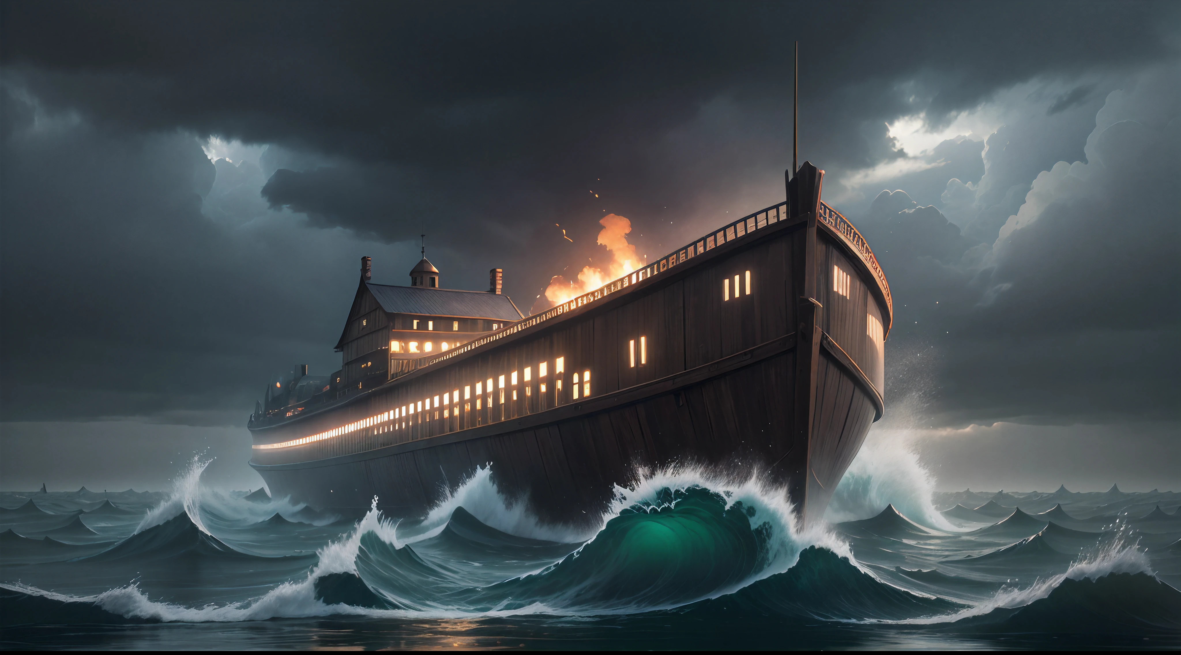 Create the giant Noah's ark from 2000 to.c, Background of dark and turbulent waters. Adicione elementos de chuva e tempestade, com cores vibrantes, alta qualidade, 8K, cinemactic