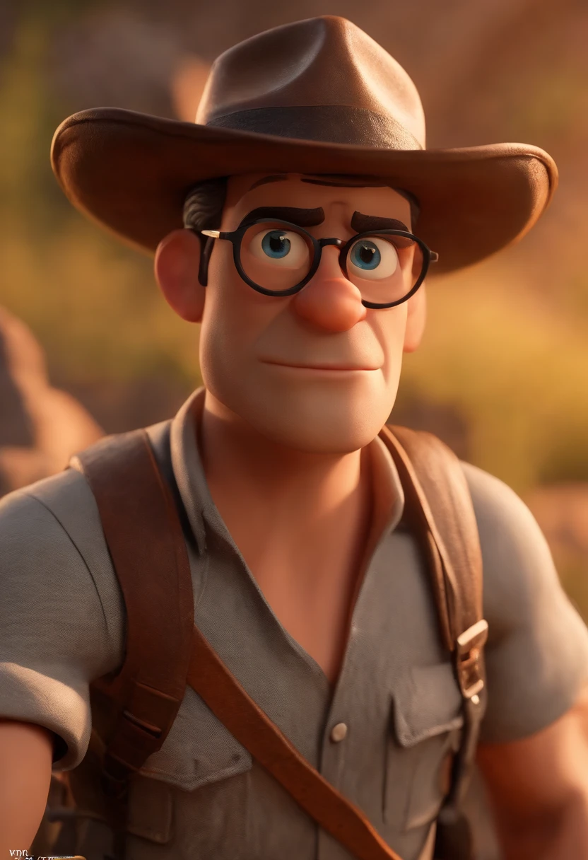 Pixar style character of a couple, the man with black glasses and hat, jovem, barba e cabelos escuros, olhos castanhos escuros, e uma camisa, carregando equipamentos de aventura com mochila nas costas, estilo indiana Jones, a mulher estilo tomb raider, cabelos escuros, olhos castanhos, com mochila nas costas, com fundo de natureza, animation character, Caractere estilizado, animation style rendering, 3D estilizado, Arnold Maya render, 3 d render stylized, toon render keyshot, Personagem 3D, Personagem 3D, 3d rendering stylized, 3 d character render, personagem de desenho animado, Personagem de close up, Pose de personagem, (Estilo Pixar) (master part:1.2) (Bokeh) (melhor qualidade) (pele detalhada) (textura detalhada) (8k) (argila) (Cinematic lighting)