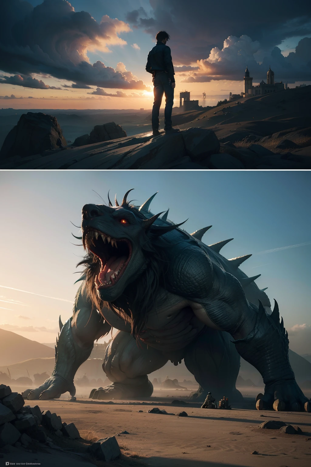 a highly detailed matte painting of a man on a hill watching a giant monster, makoto shinkai, by artgerm, by wlop, by greg rutkowski, volumetric lighting, octane render, 4k resolution, trending on artstation, masterpiece