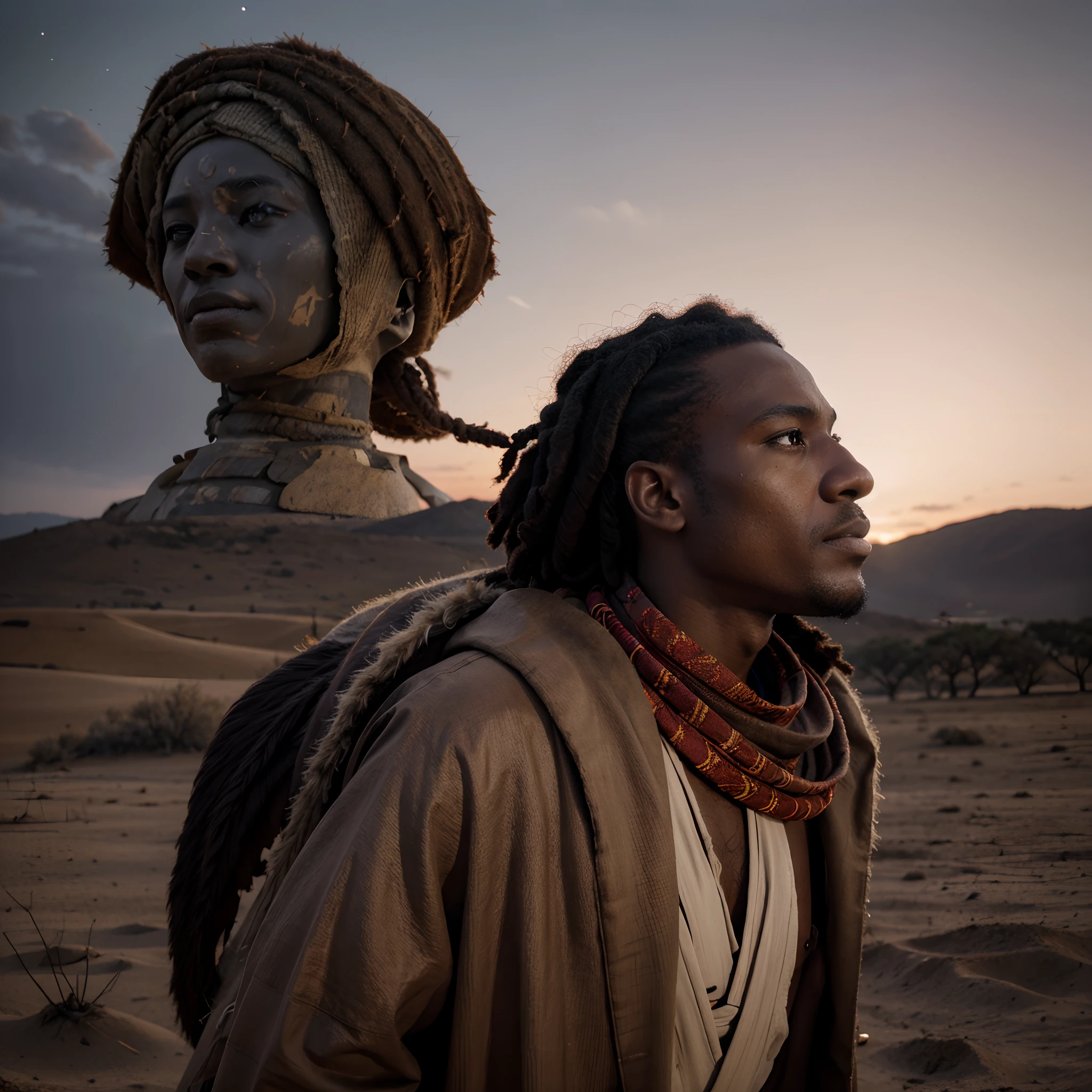 Back side view of full body shot of african man dressed in ancient african clothes made of hides and fur, looking at the red sky with a face protruding, red sky in shape of a face, giving a grey and white colour grading in the scene, colour grading reminiscent of interstellar movie by Christopher Nolan, cinematic lighting, artgerm style, 32k, ultra HD, unreal engine rendered, hyper-realistic image,